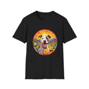 Happy Dog in Wildflowers T-Shirt | Colorful Sunrise Puppy Circle Art