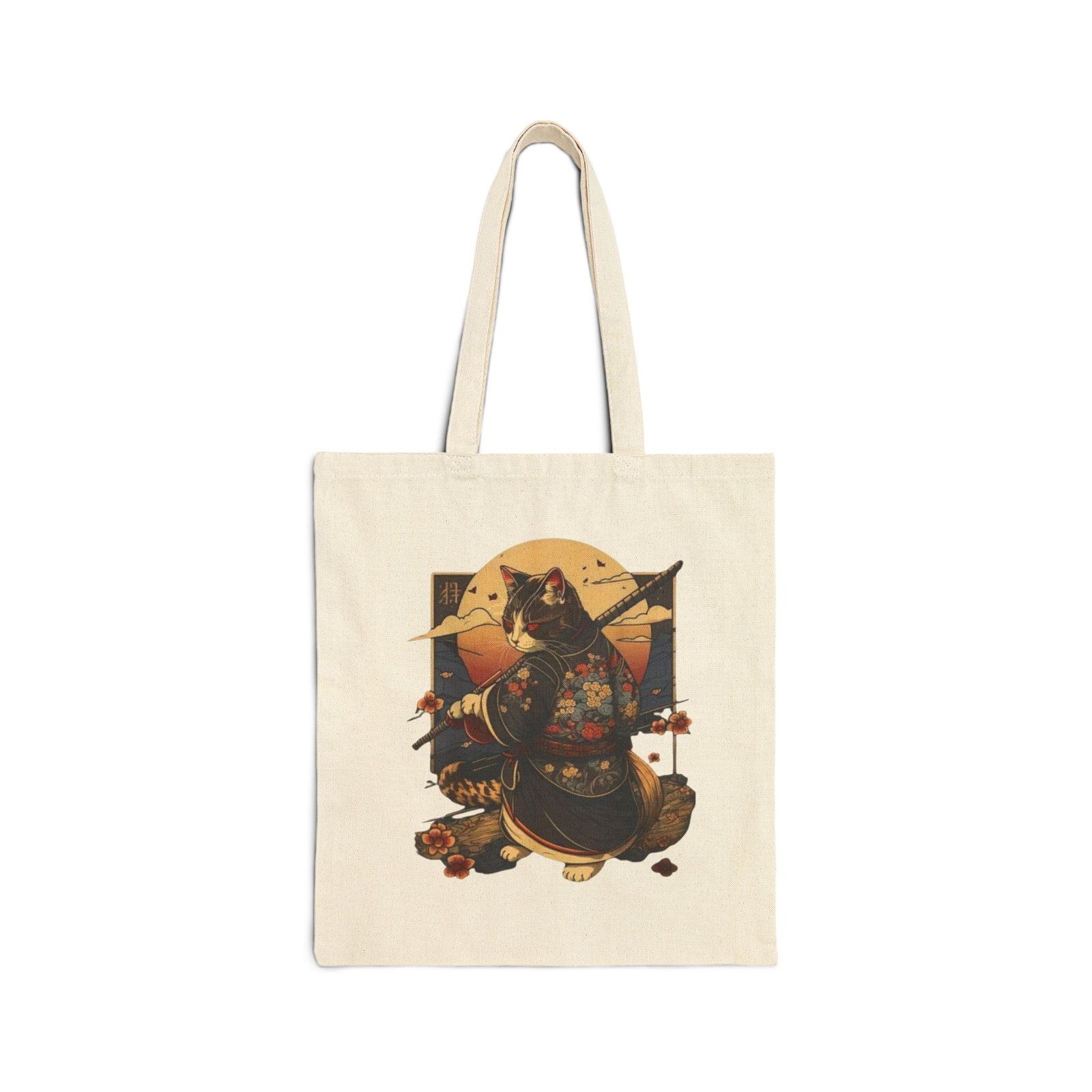 Samurai Cat Illustration Tote Bag | Vintage Sunset, Asian Motif - Image 5