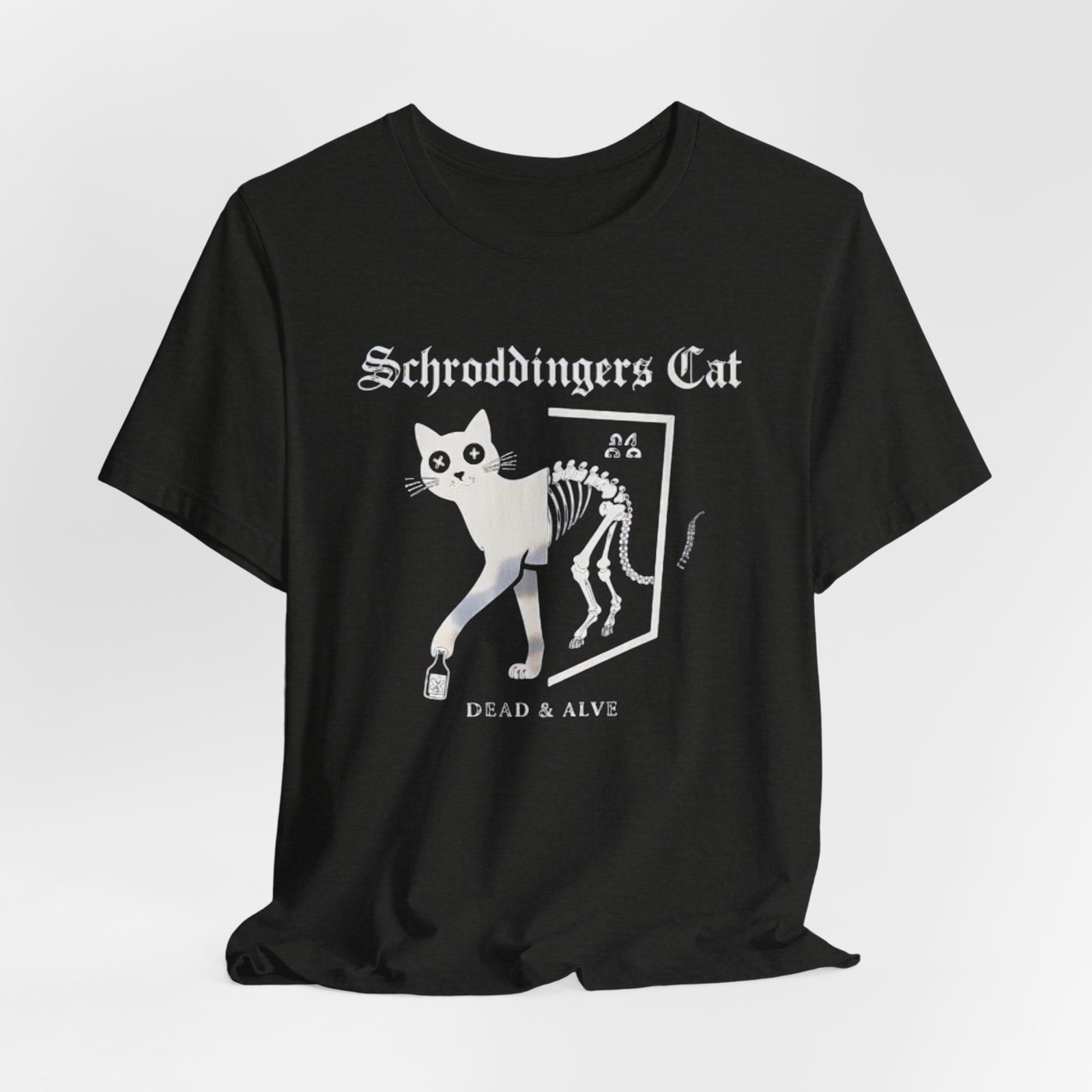 Schrodingers Cat skeleton illustration T-Shirt | Dead & Alive cat science tee - Image 12