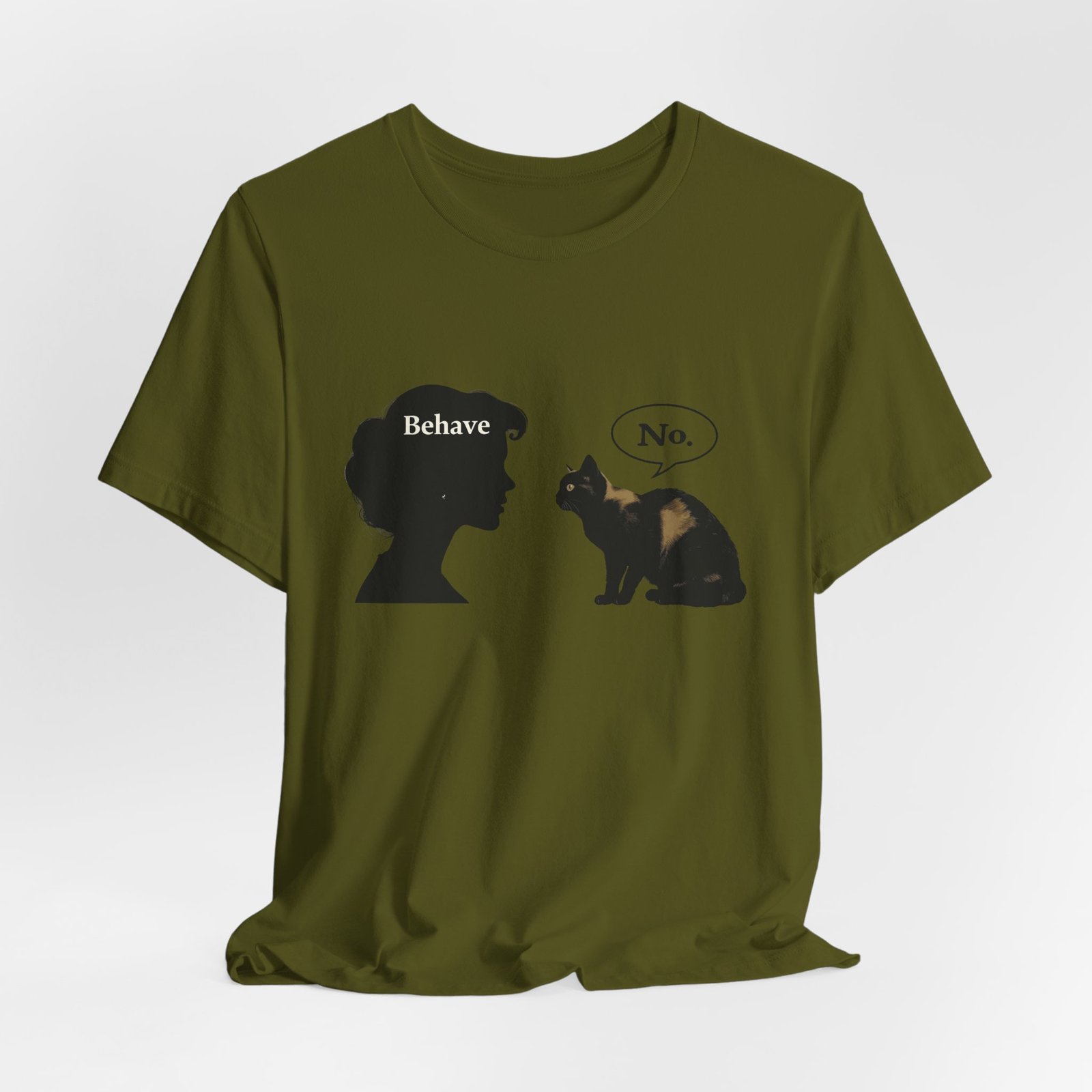 Woman Silhouette Saying "Behave" Cat Reply "No" Tee | Cat Humor T-Shirt - Image 28