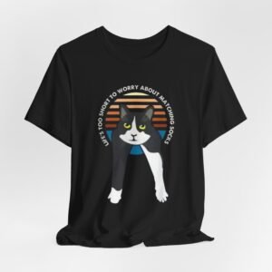 Tuxedo Cat Illustration Tee | Retro Sunset, 'Life's Too Short to Worry About Matching Socks'
