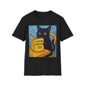 Cat Reading 'Human Manipulation 101' T-Shirt | Black Cat Book Design