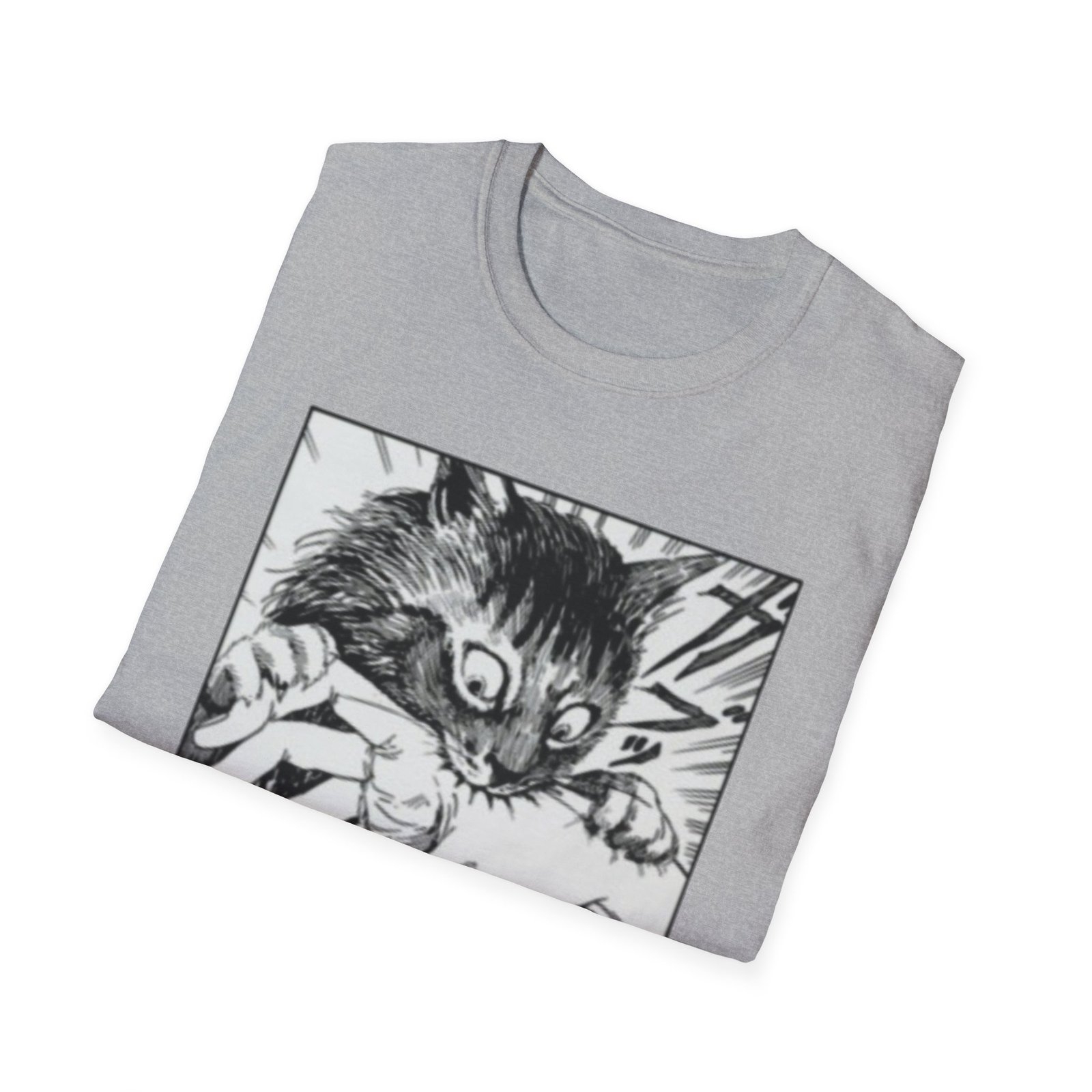 Scared Cat Manga Art T-Shirt | Black and White Illustration - Image 8