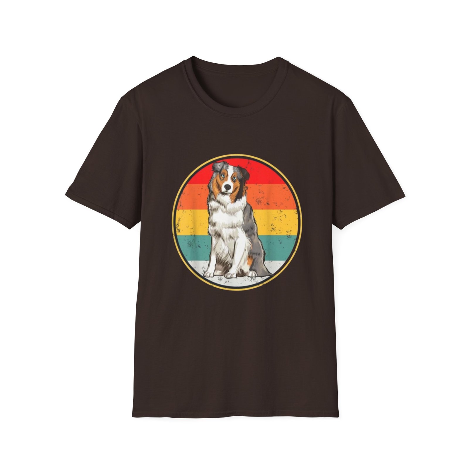 Australian Shepherd Dog Retro Circle Tee | Vintage Rainbow Stripes - Image 5