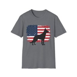 Patriotic Dog Unisex Softstyle T-Shirt, USA Flag Tee, Independence Day Shirt, 4th of July Top, American Pride Apparel
