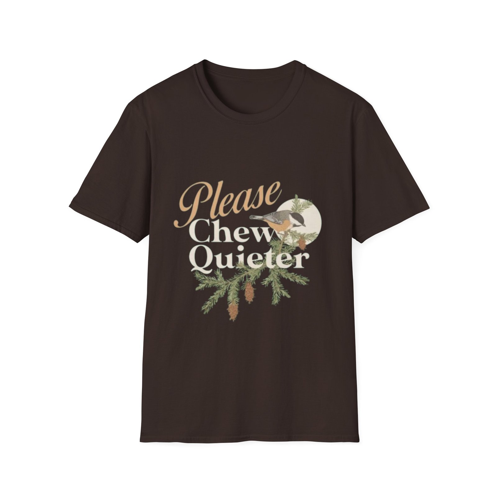 Please Chew Quieter T-Shirt | Pinecones, Moonlit Bird Graphic - Image 5