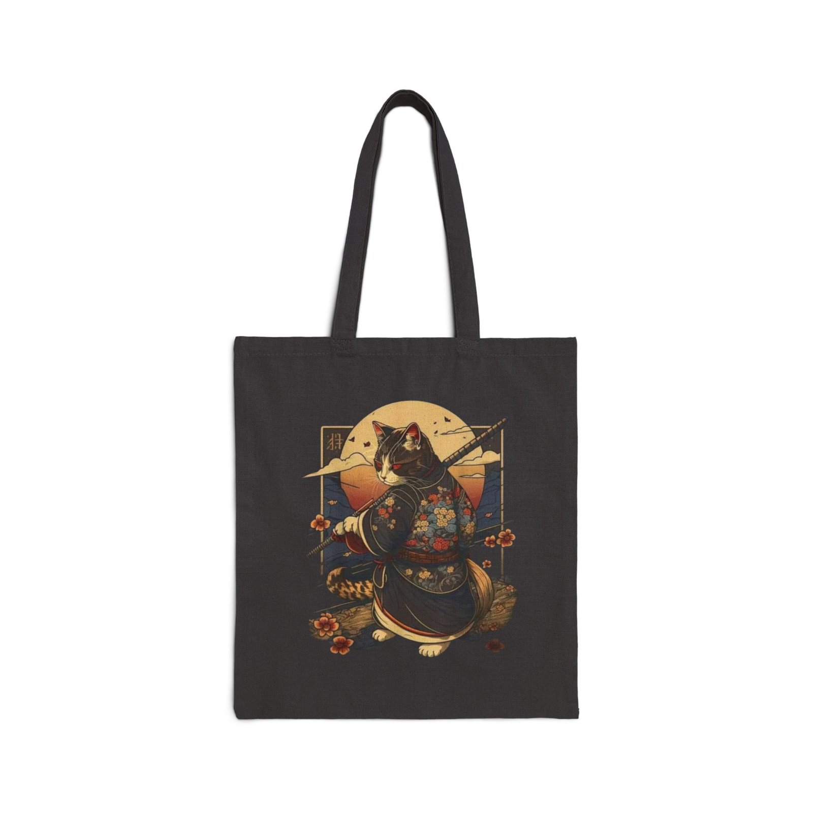 Samurai Cat Illustration Tote Bag | Vintage Sunset, Asian Motif