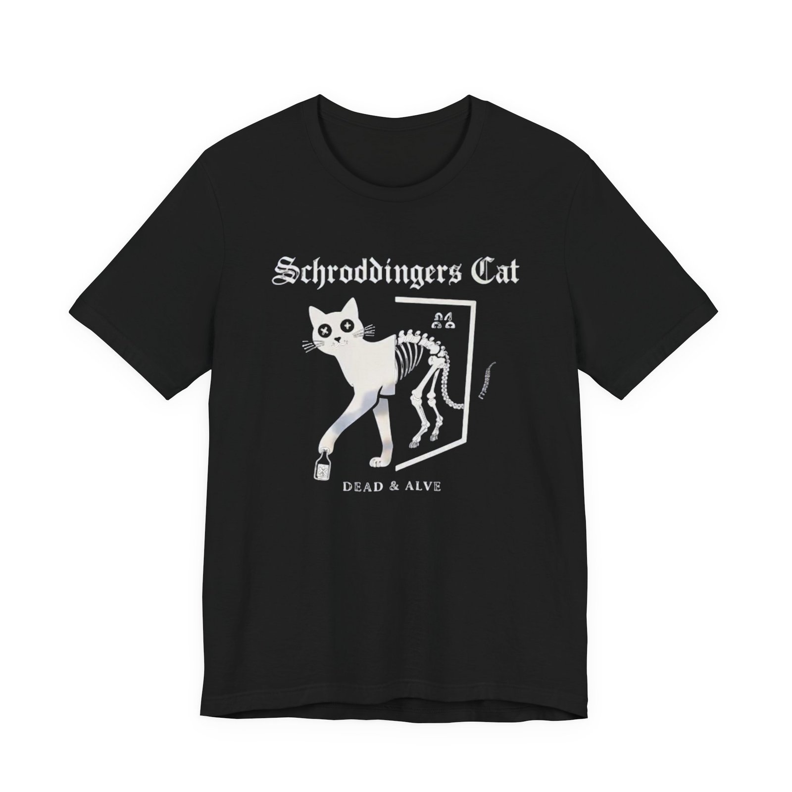 Schrodingers Cat skeleton illustration T-Shirt | Dead & Alive cat science tee - Image 2