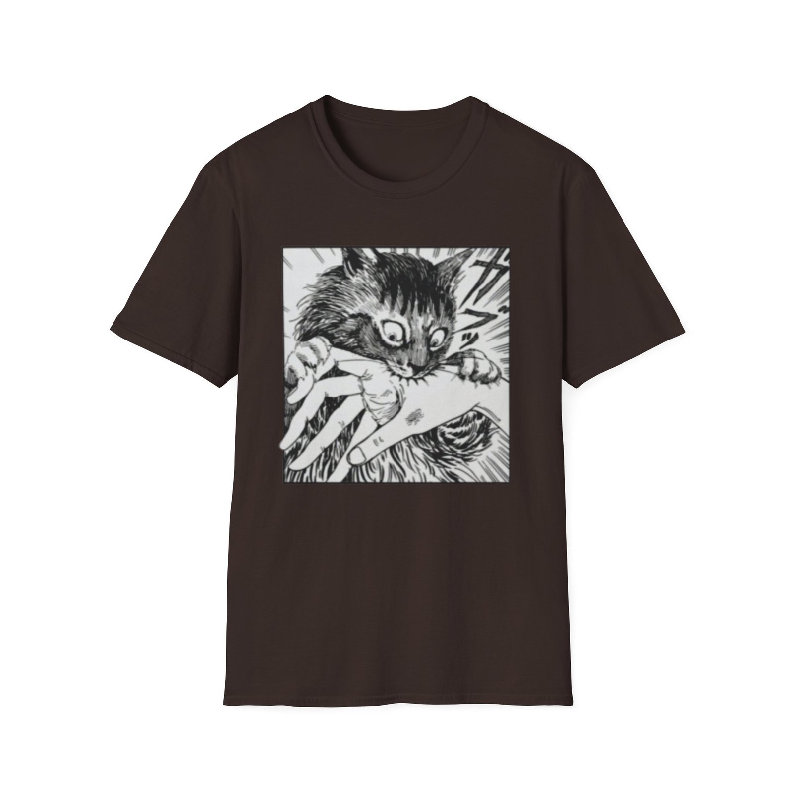 Scared Cat Manga Art T-Shirt | Black and White Illustration - Image 9