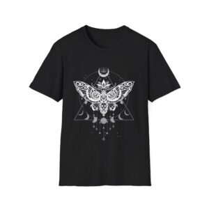 Lunar Moth Illustration T-Shirt | Crescent Moon, Phases, Geometric Mystic