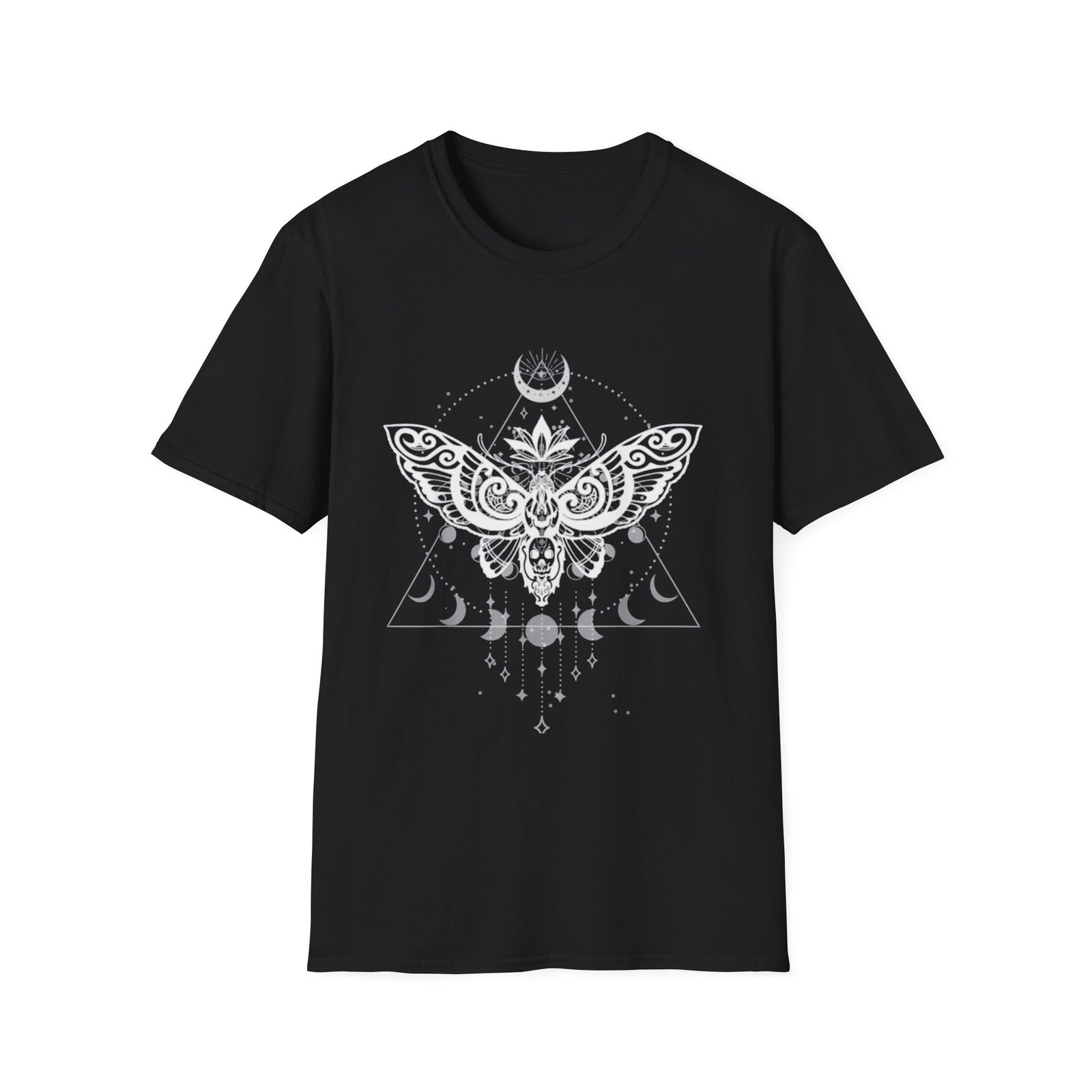 Lunar Moth Illustration T-Shirt | Crescent Moon, Phases, Geometric Mystic