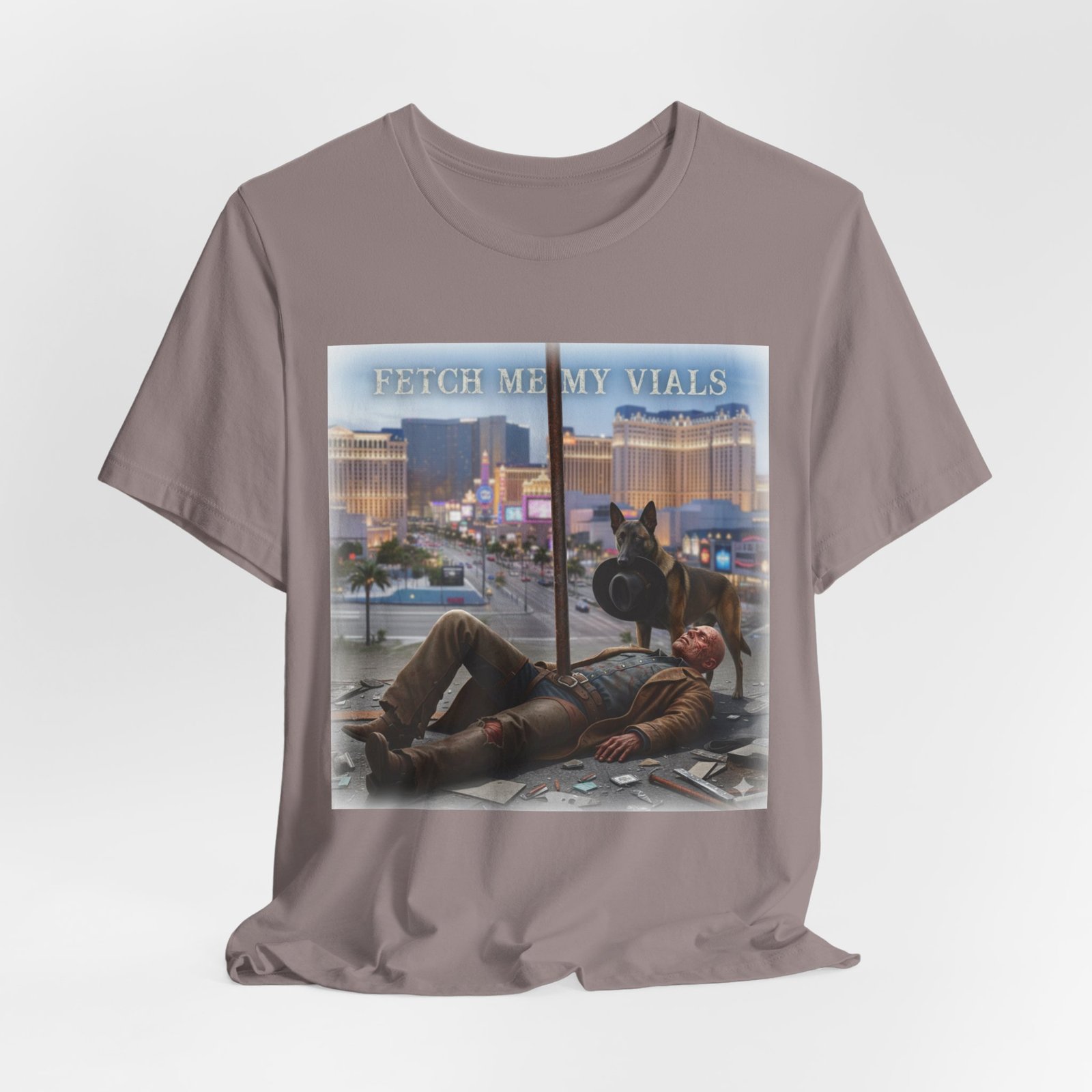 Fetch me my vials, Fallout Tee, Street Scene Graphic Tee — "Fetch Me My Vials" Retro Vegas Art Shirt