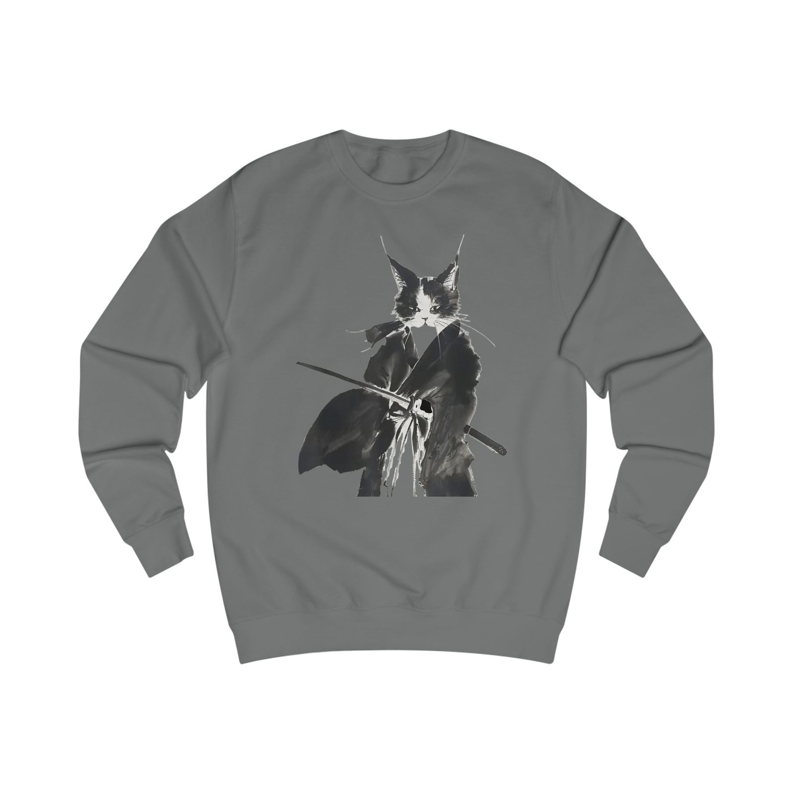 Samurai Cat sweatshirt | Black Ink Brush Illustration, Japanese Warrior, Minimal Monochrome