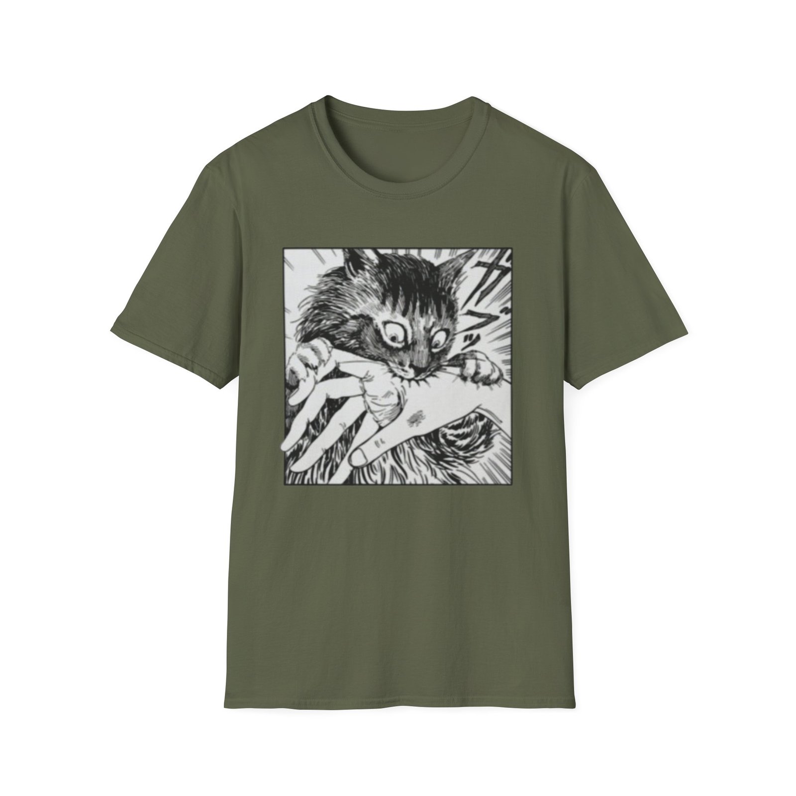 Scared Cat Manga Art T-Shirt | Black and White Illustration - Image 13