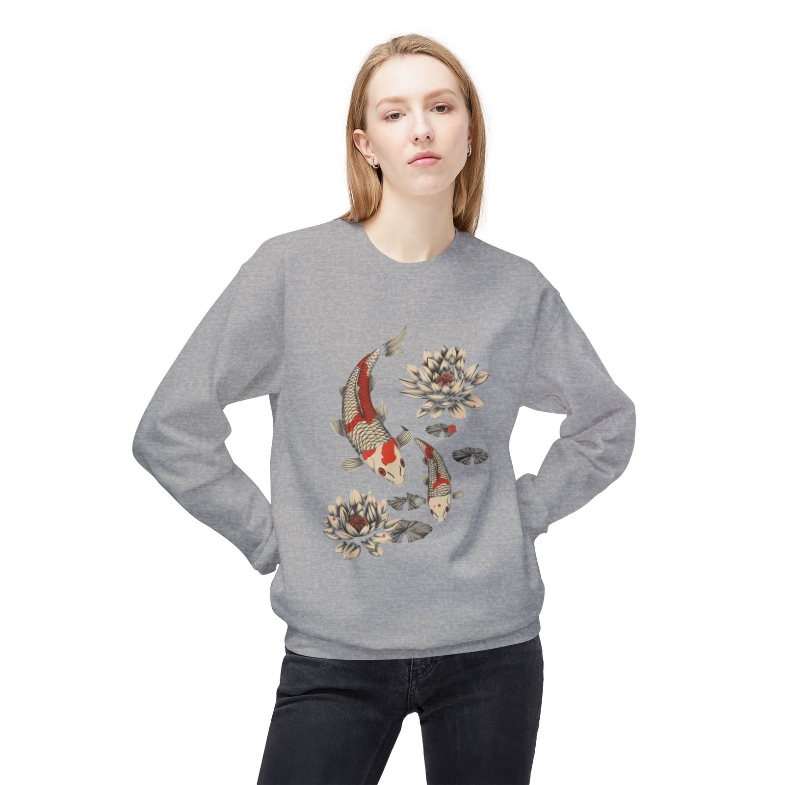 Koi Fish Lotus Crewneck Sweatshirt | Japanese Carp Floral Design - Image 11