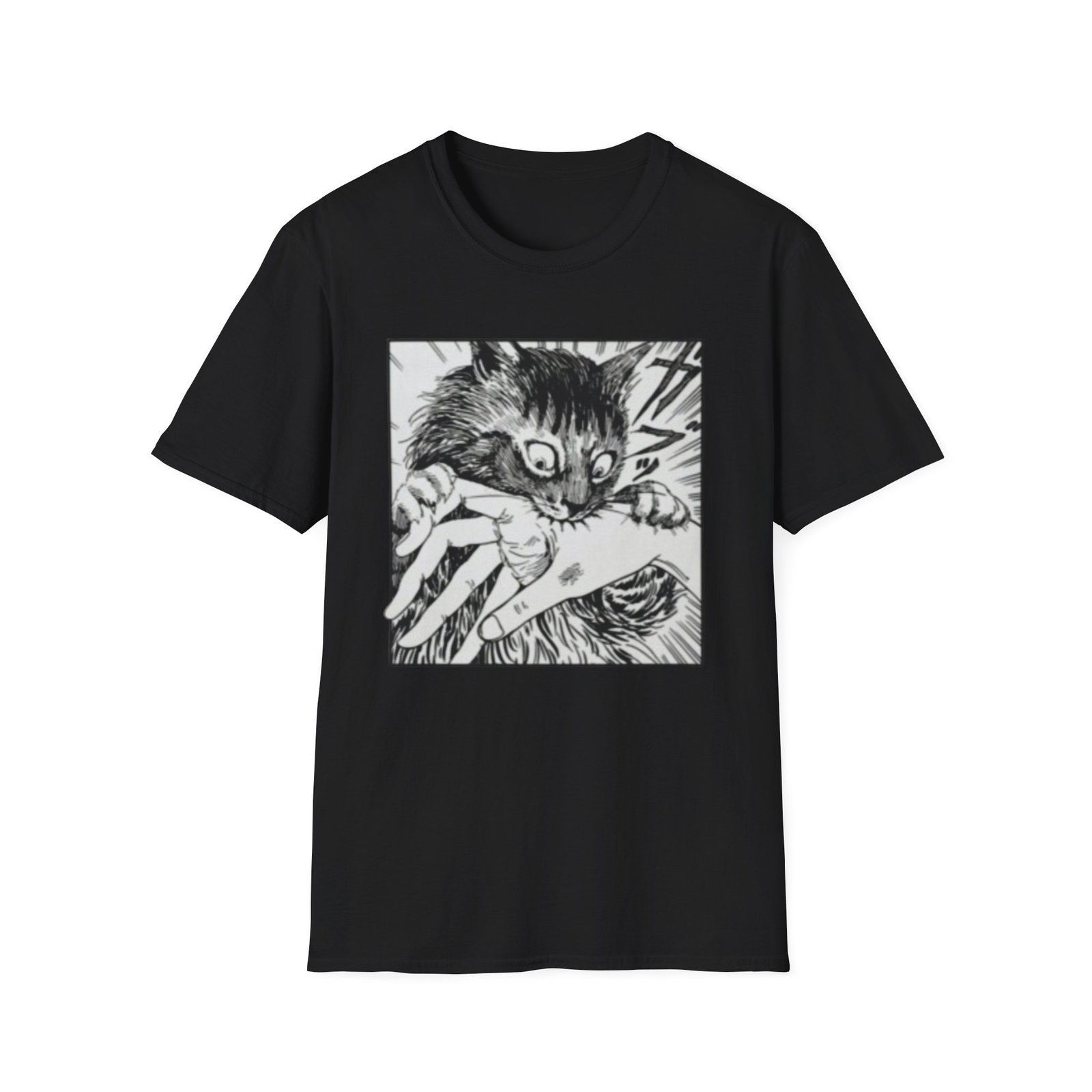 Scared Cat Manga Art T-Shirt | Black and White Illustration