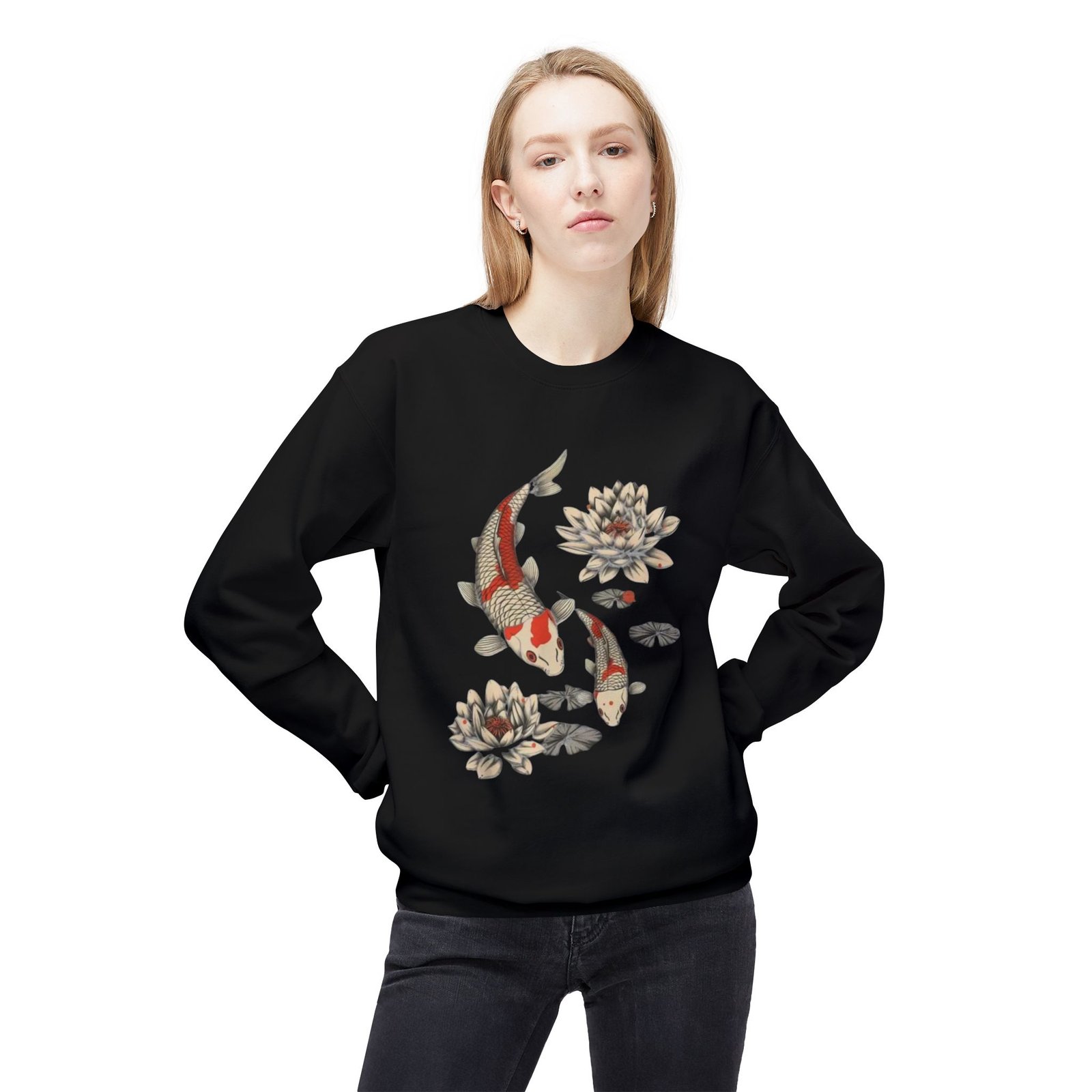Koi Fish Lotus Crewneck Sweatshirt | Japanese Carp Floral Design - Image 3
