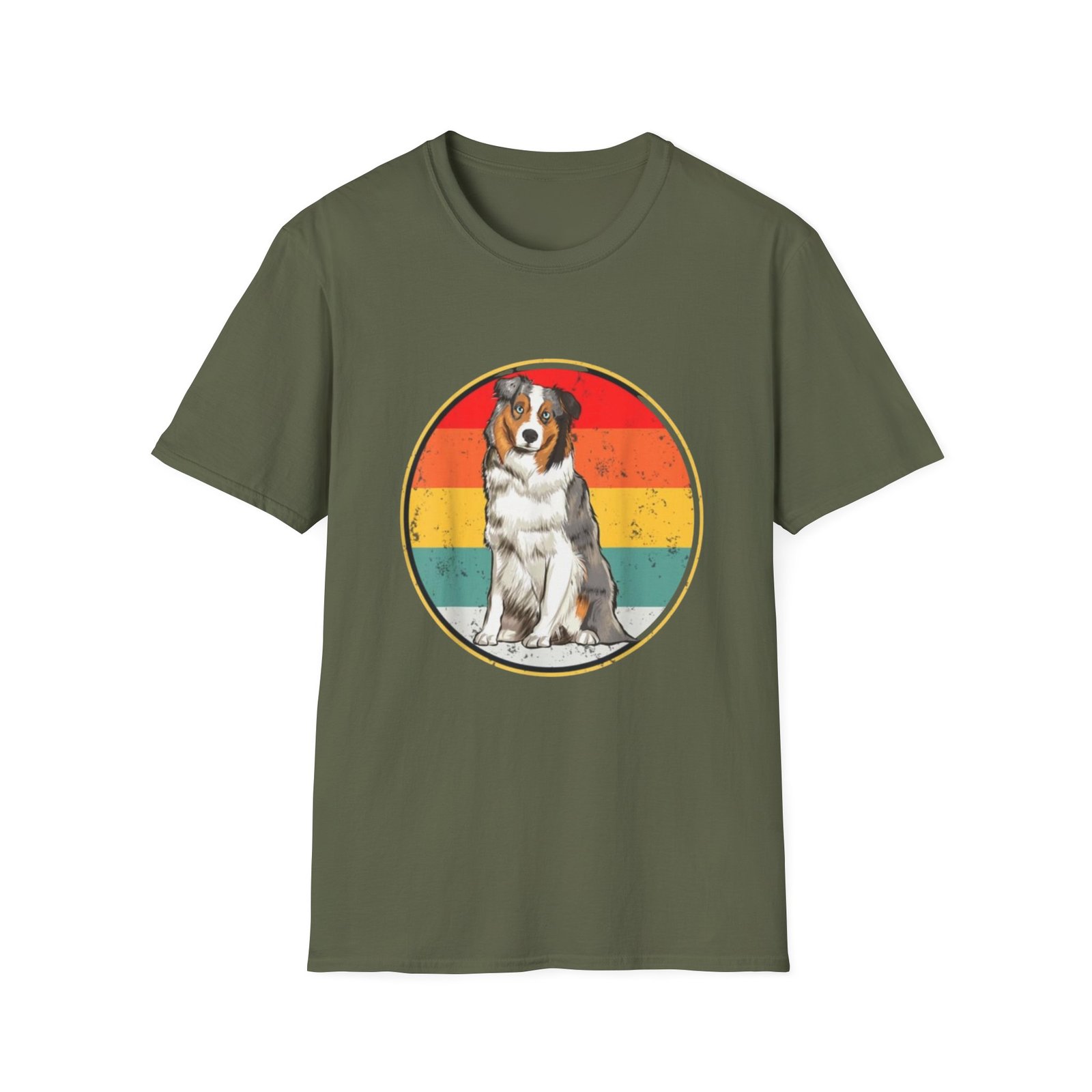 Australian Shepherd Dog Retro Circle Tee | Vintage Rainbow Stripes - Image 9