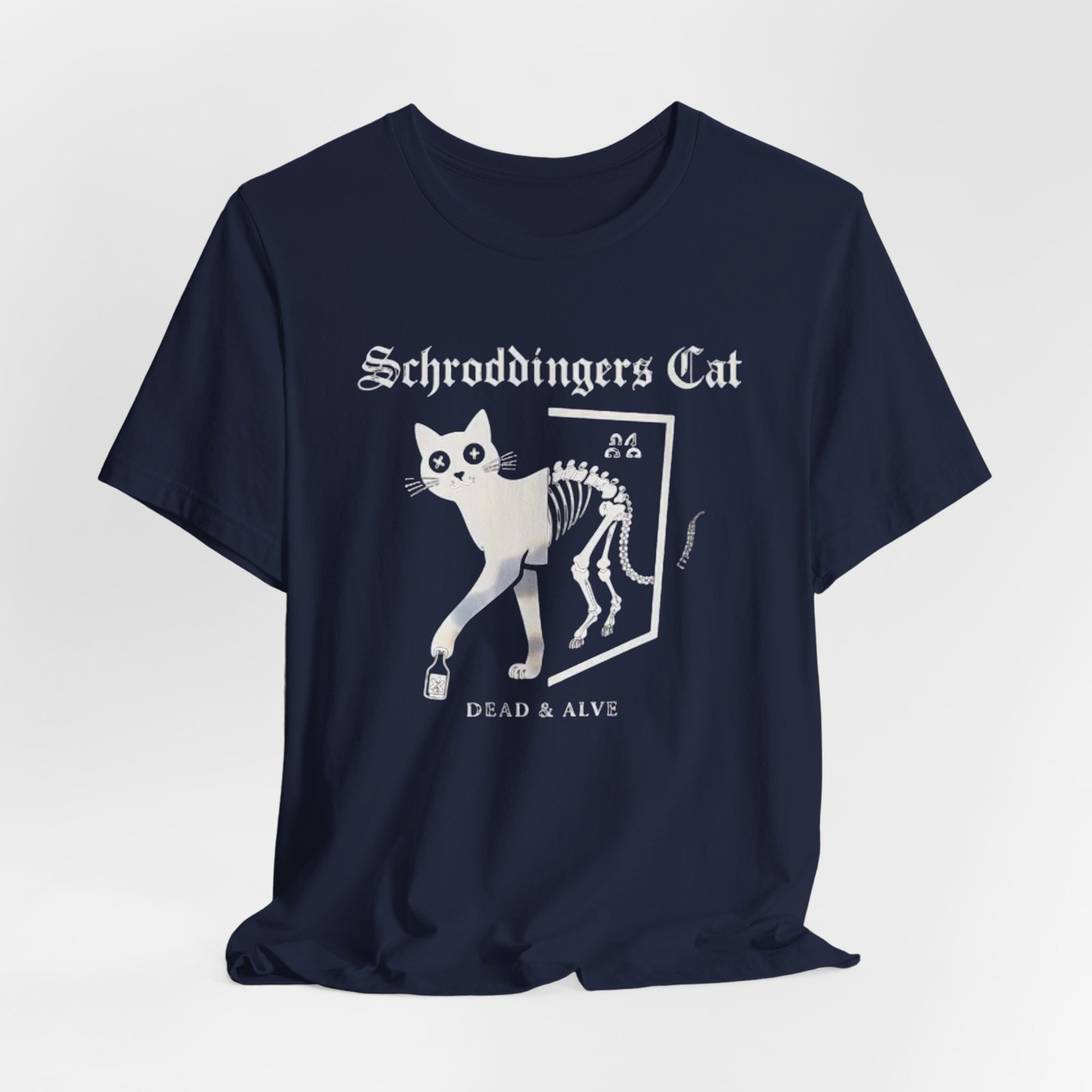 Schrodingers Cat skeleton illustration T-Shirt | Dead & Alive cat science tee - Image 24