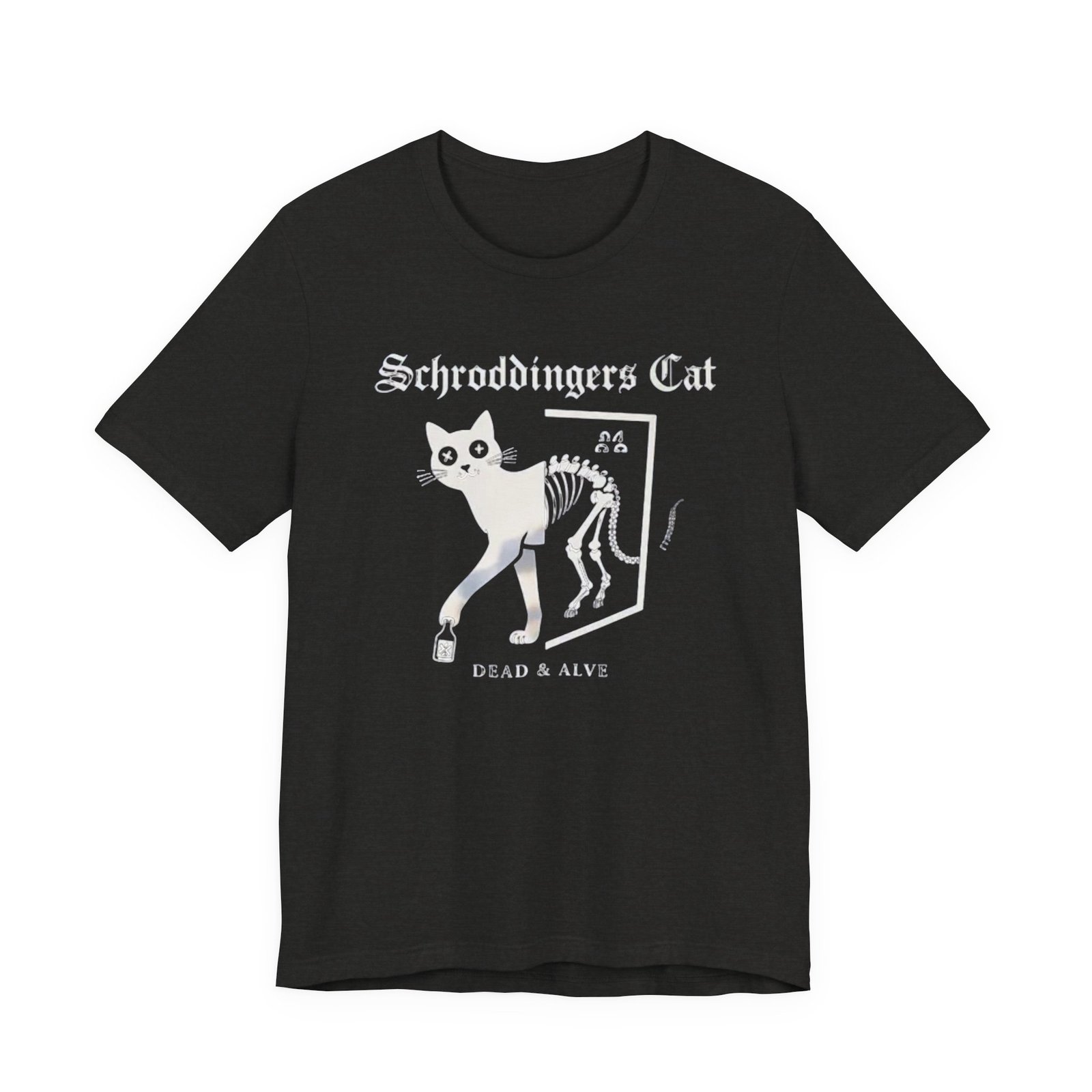 Schrodingers Cat skeleton illustration T-Shirt | Dead & Alive cat science tee - Image 9