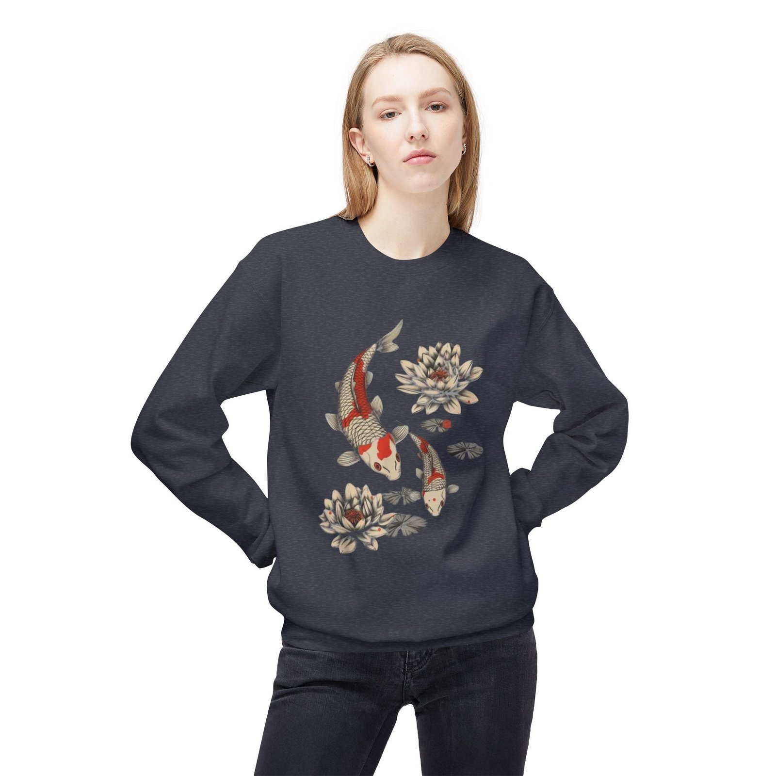 Koi Fish Lotus Crewneck Sweatshirt | Japanese Carp Floral Design - Image 15