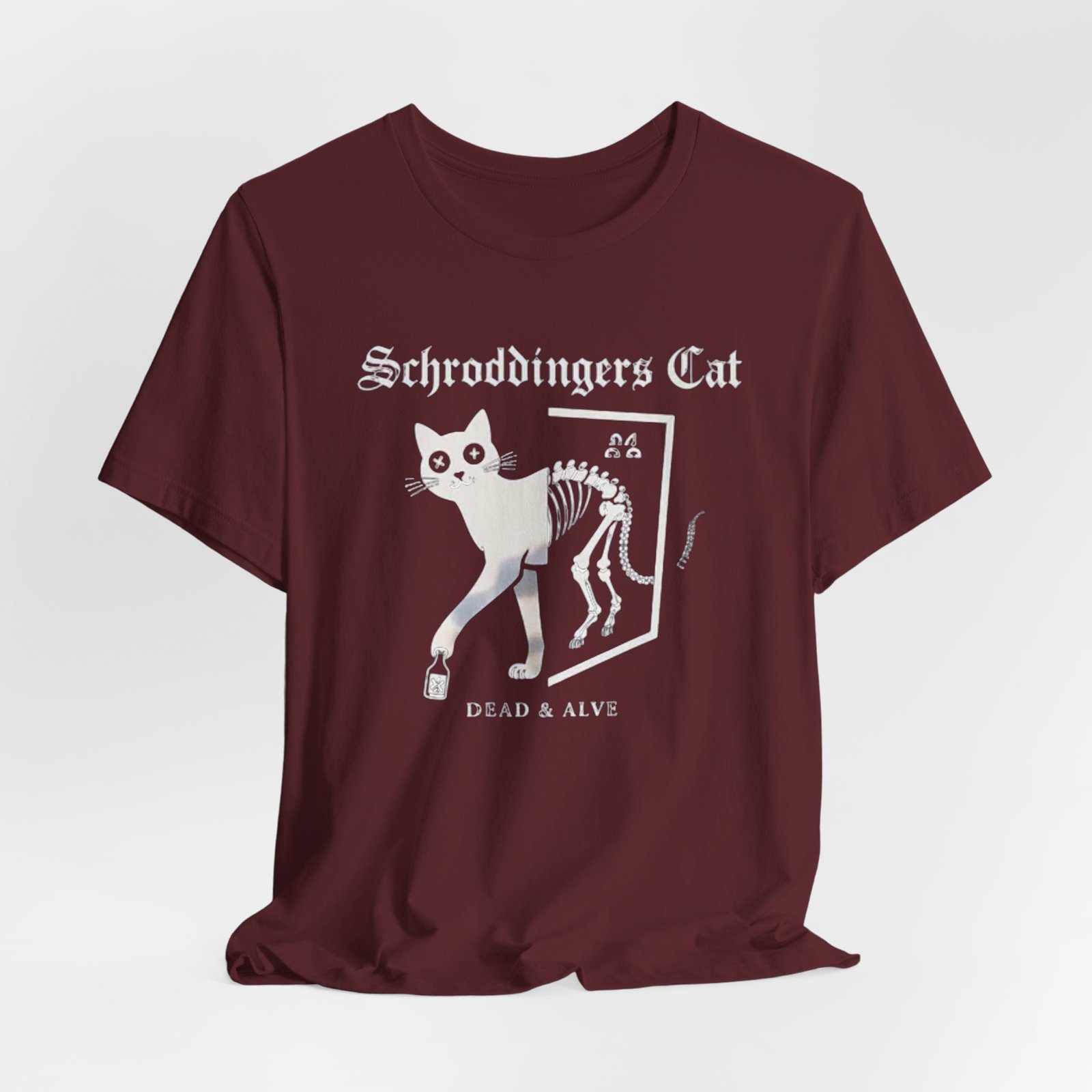 Schrodingers Cat skeleton illustration T-Shirt | Dead & Alive cat science tee - Image 28