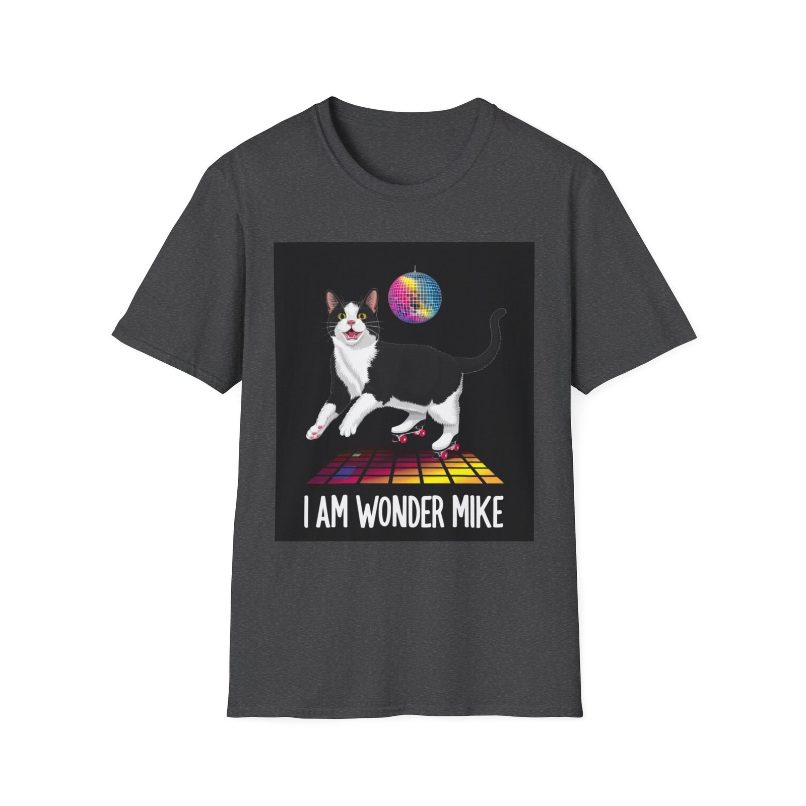 Skater Cat tee,I Am Wonder Mike Cat T-Shirt | Disco Dance Floor, Retro Rainbow Moon - Image 5