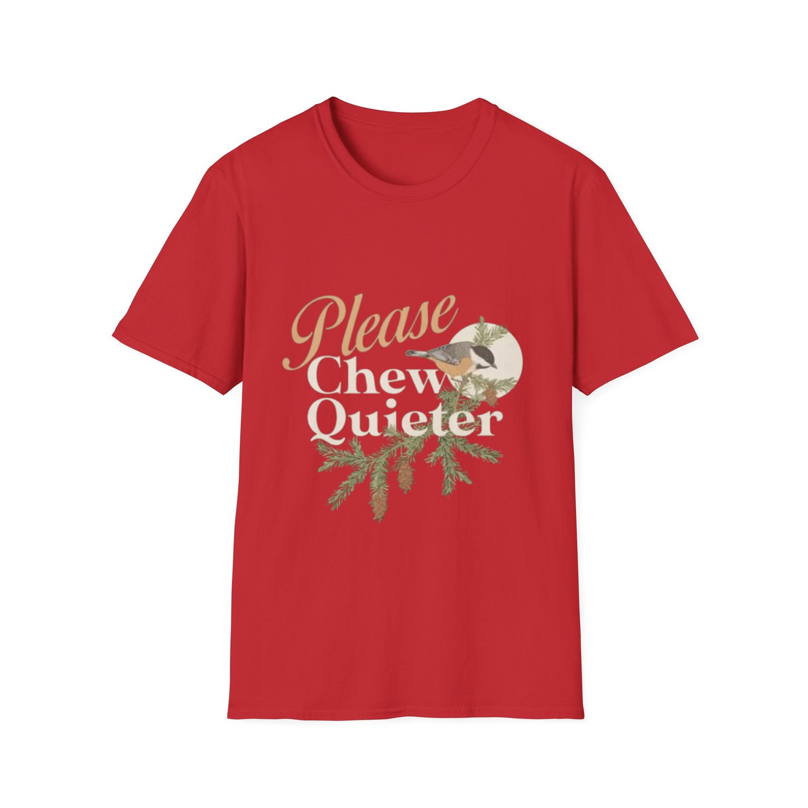 Please Chew Quieter T-Shirt | Pinecones, Moonlit Bird Graphic - Image 17