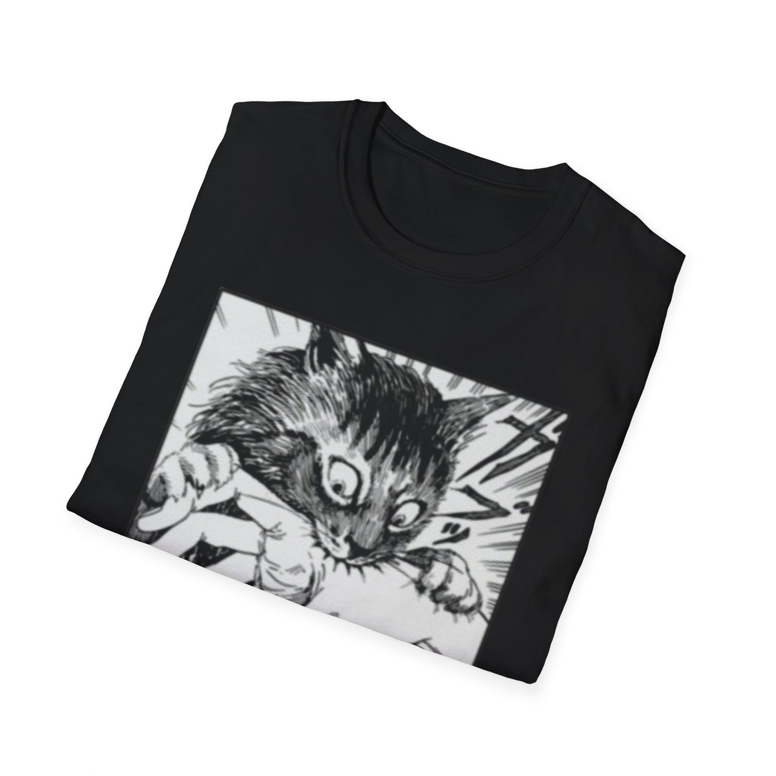 Scared Cat Manga Art T-Shirt | Black and White Illustration - Image 4