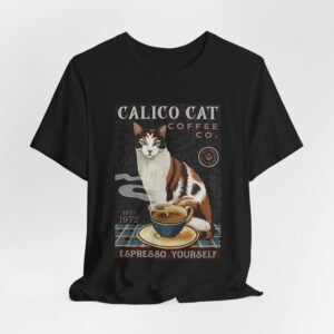 Calico Cat Coffee Tee - Unisex Jersey T-Shirt, Cat Lover Gift, Coffee Enthusiast Shirt, Vintage Cat Art Top, Daily Wear