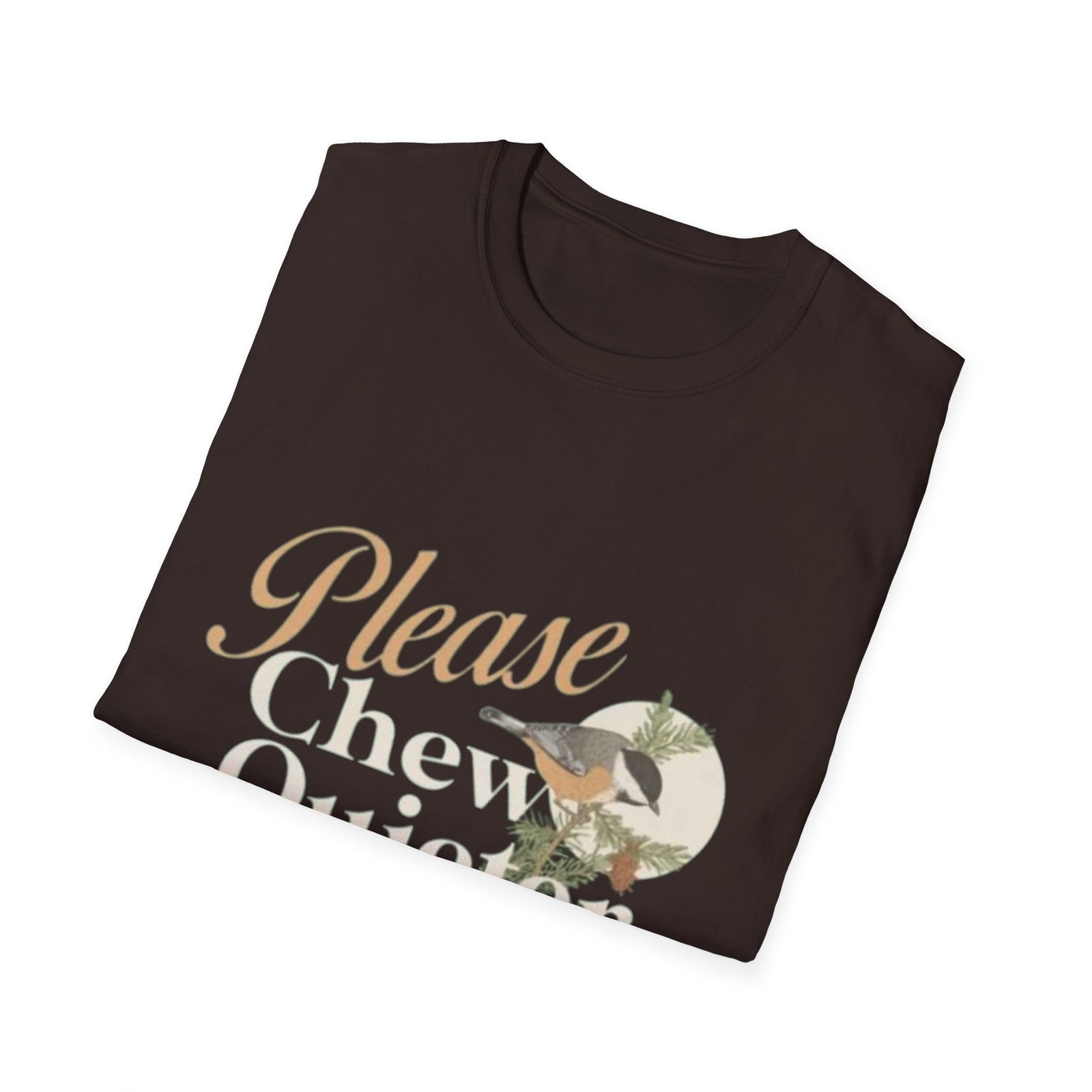 Please Chew Quieter T-Shirt | Pinecones, Moonlit Bird Graphic - Image 8