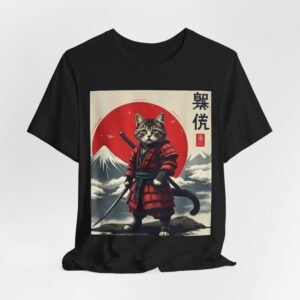 Samurai Cat Illustration T-Shirt | Mount Fuji Red Sun Graphic Tee