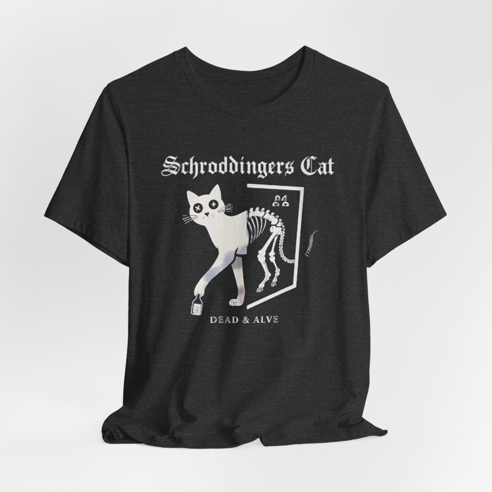 Schrodingers Cat skeleton illustration T-Shirt | Dead & Alive cat science tee - Image 16