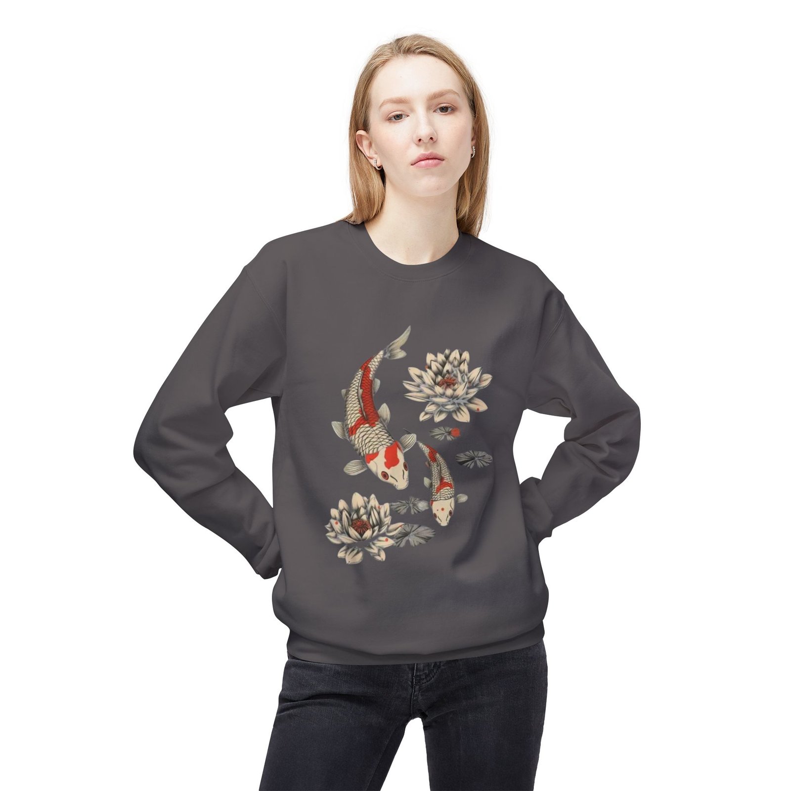 Koi Fish Lotus Crewneck Sweatshirt | Japanese Carp Floral Design - Image 19