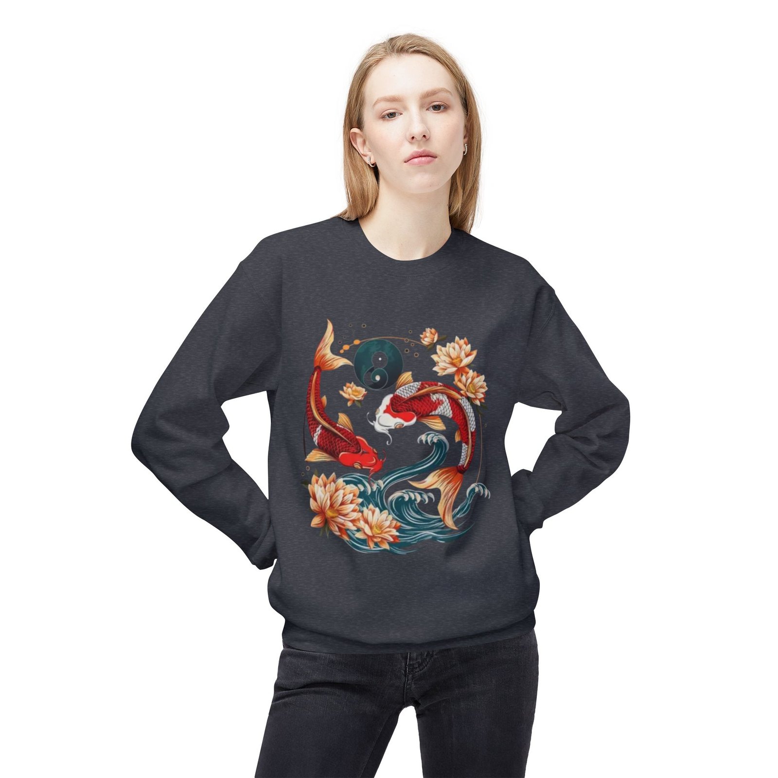 Koi Fish Yin Yang Crewneck Sweatshirt | Floral Watercolor - Image 15