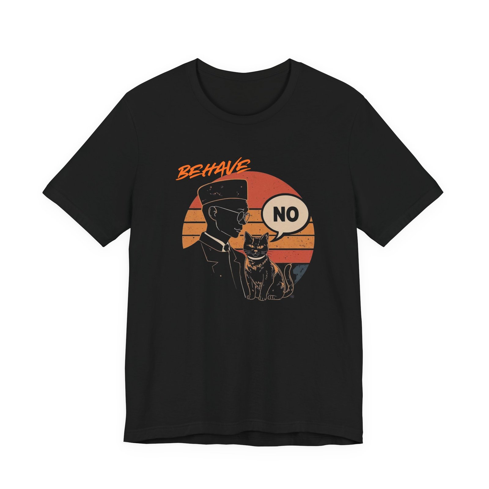 Behave No Cat tee | Retro Sunset Police Officer T-Shirt - Image 2