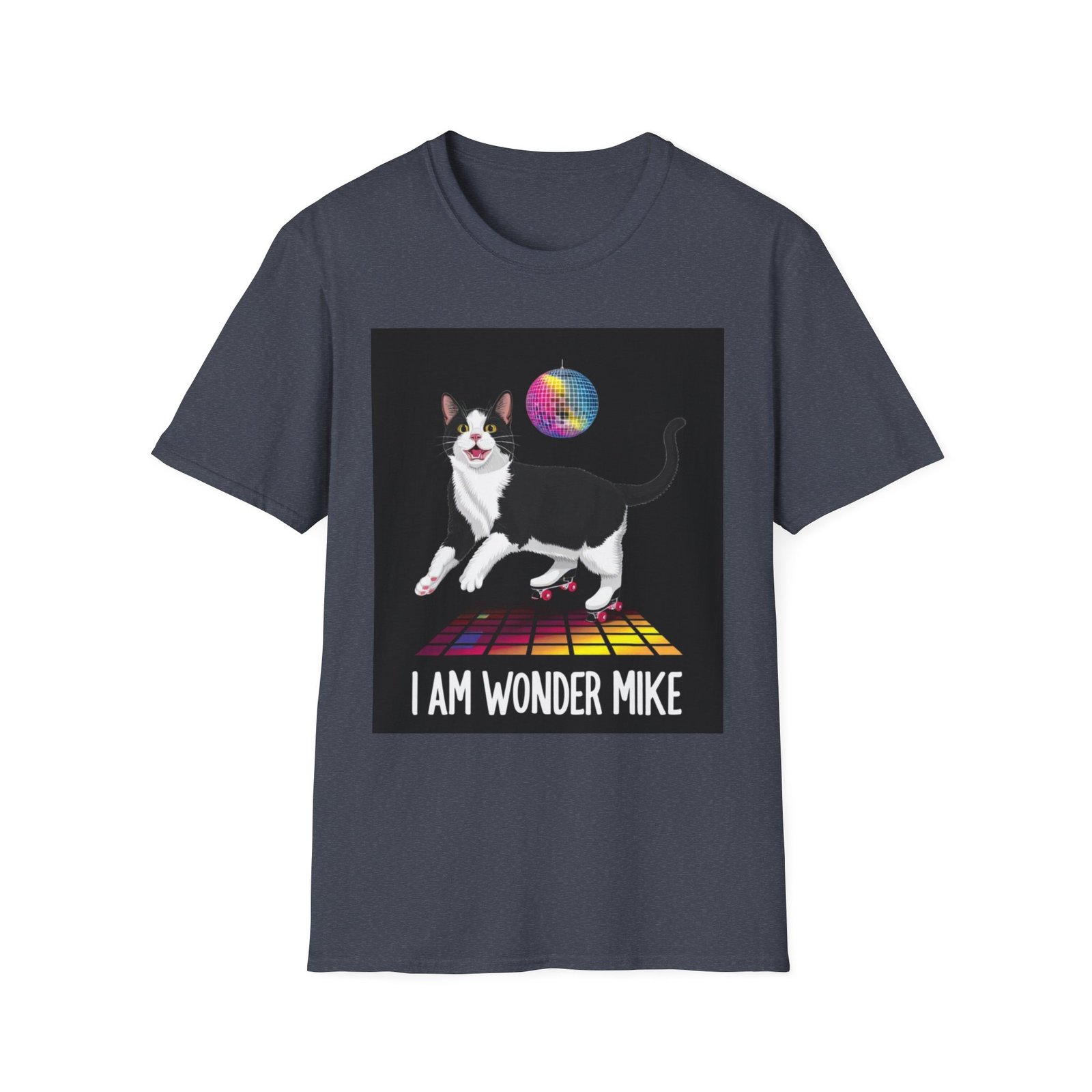Skater Cat tee,I Am Wonder Mike Cat T-Shirt | Disco Dance Floor, Retro Rainbow Moon - Image 9