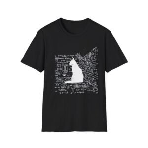 Schrodingers cat tee, escape plan, Cat silhouette with handwritten notes T-Shirt | Science doodle tee