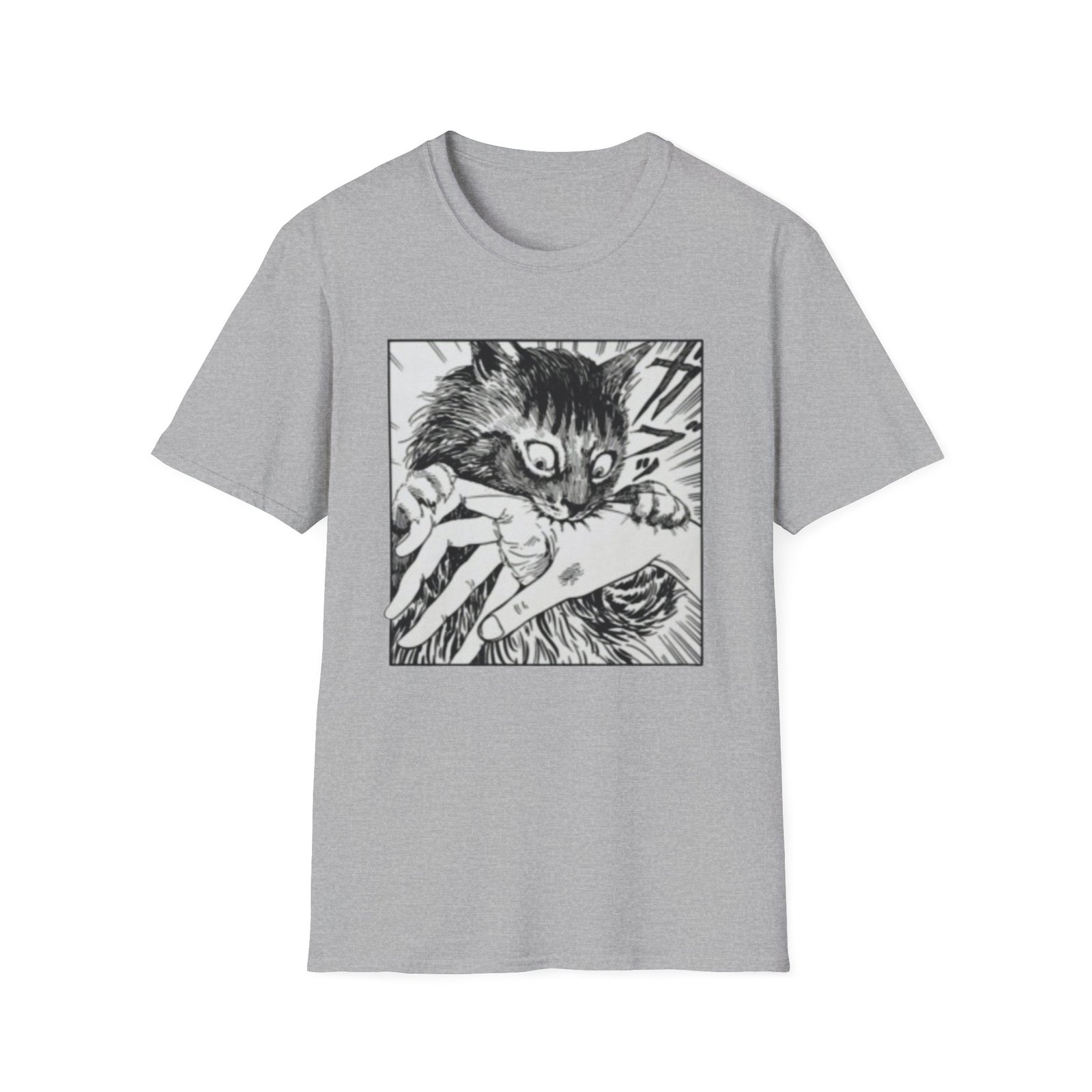 Scared Cat Manga Art T-Shirt | Black and White Illustration - Image 5
