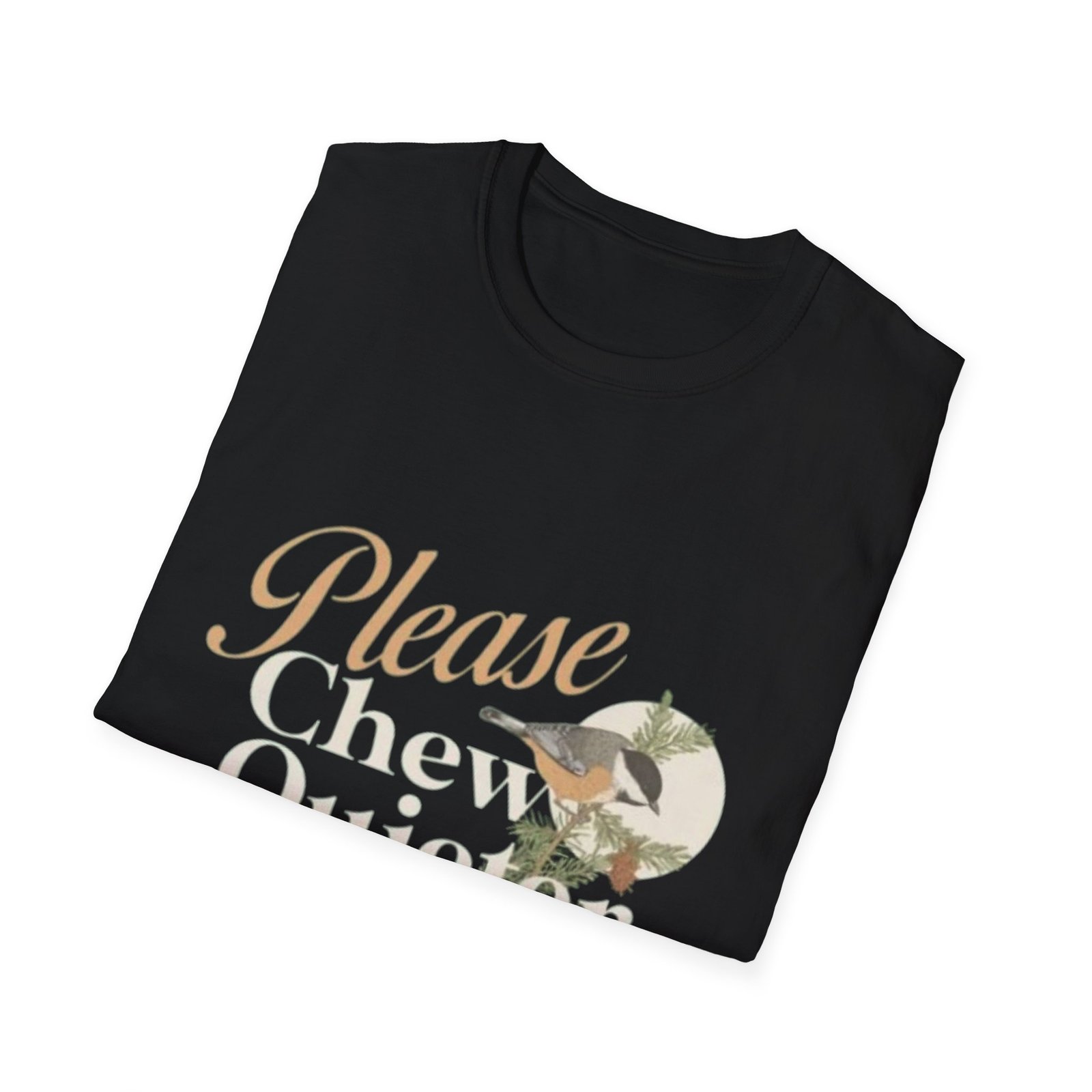 Please Chew Quieter T-Shirt | Pinecones, Moonlit Bird Graphic - Image 4