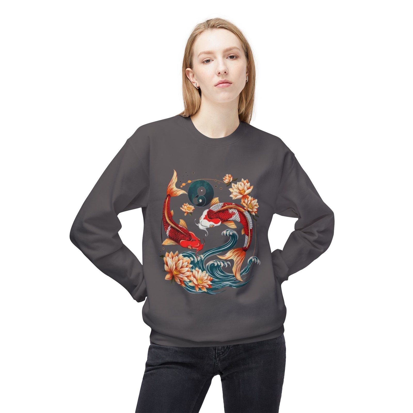 Koi Fish Yin Yang Crewneck Sweatshirt | Floral Watercolor - Image 19