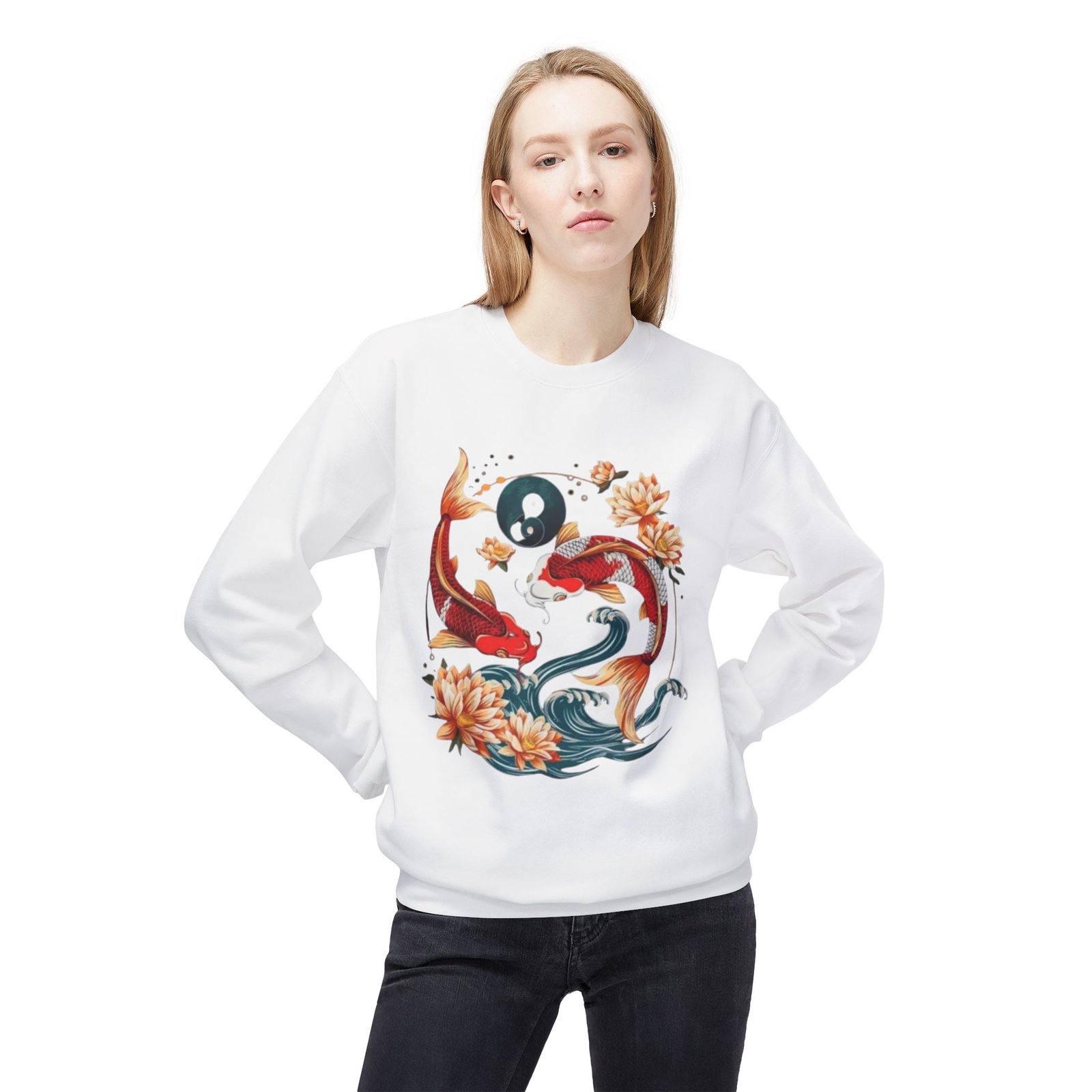 Koi Fish Yin Yang Crewneck Sweatshirt | Floral Watercolor - Image 7