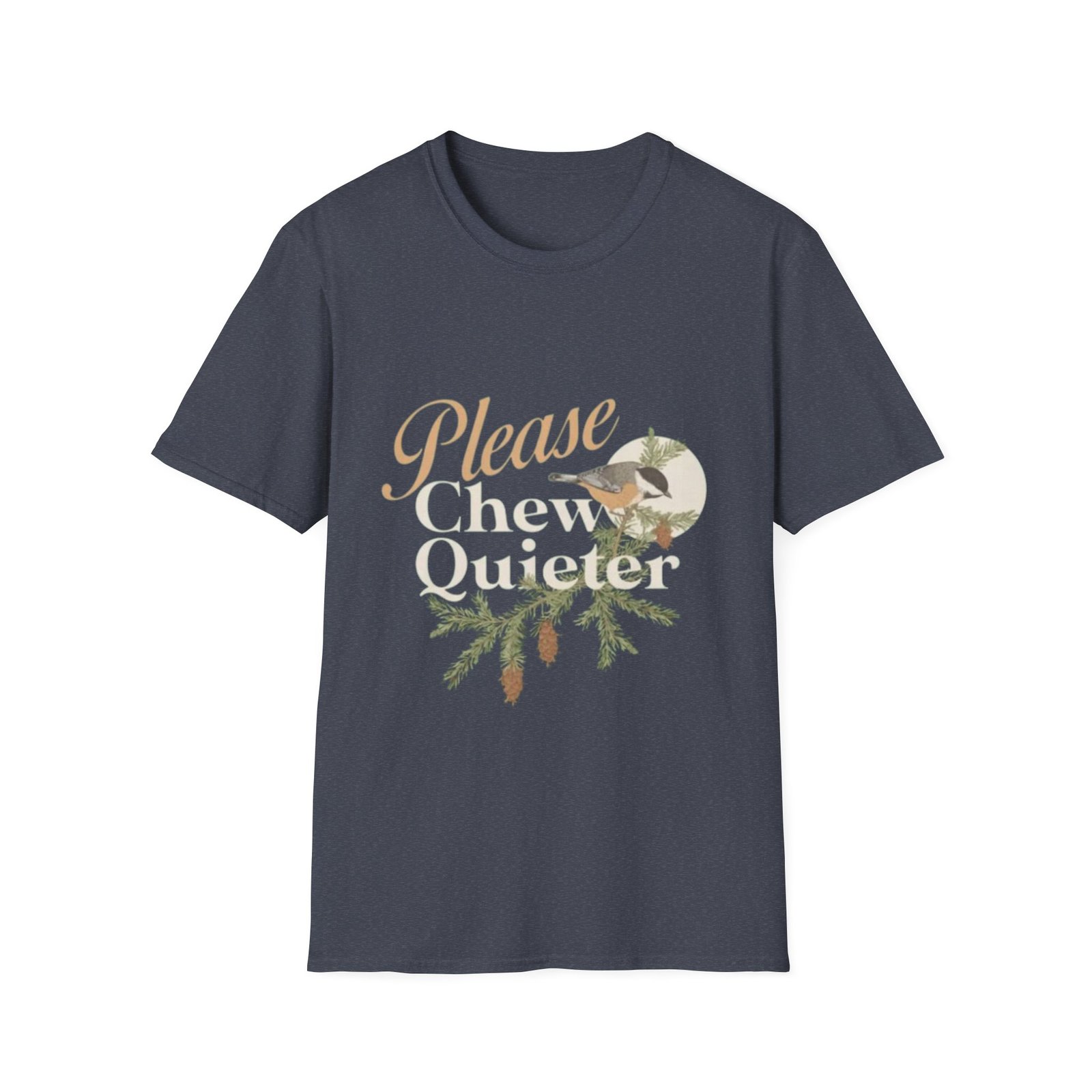 Please Chew Quieter T-Shirt | Pinecones, Moonlit Bird Graphic - Image 13