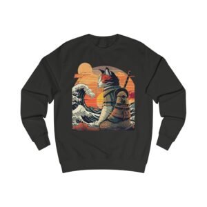 Samurai Cat Sunset Sweatshirt | Wave and Moon Retro Japanese Art