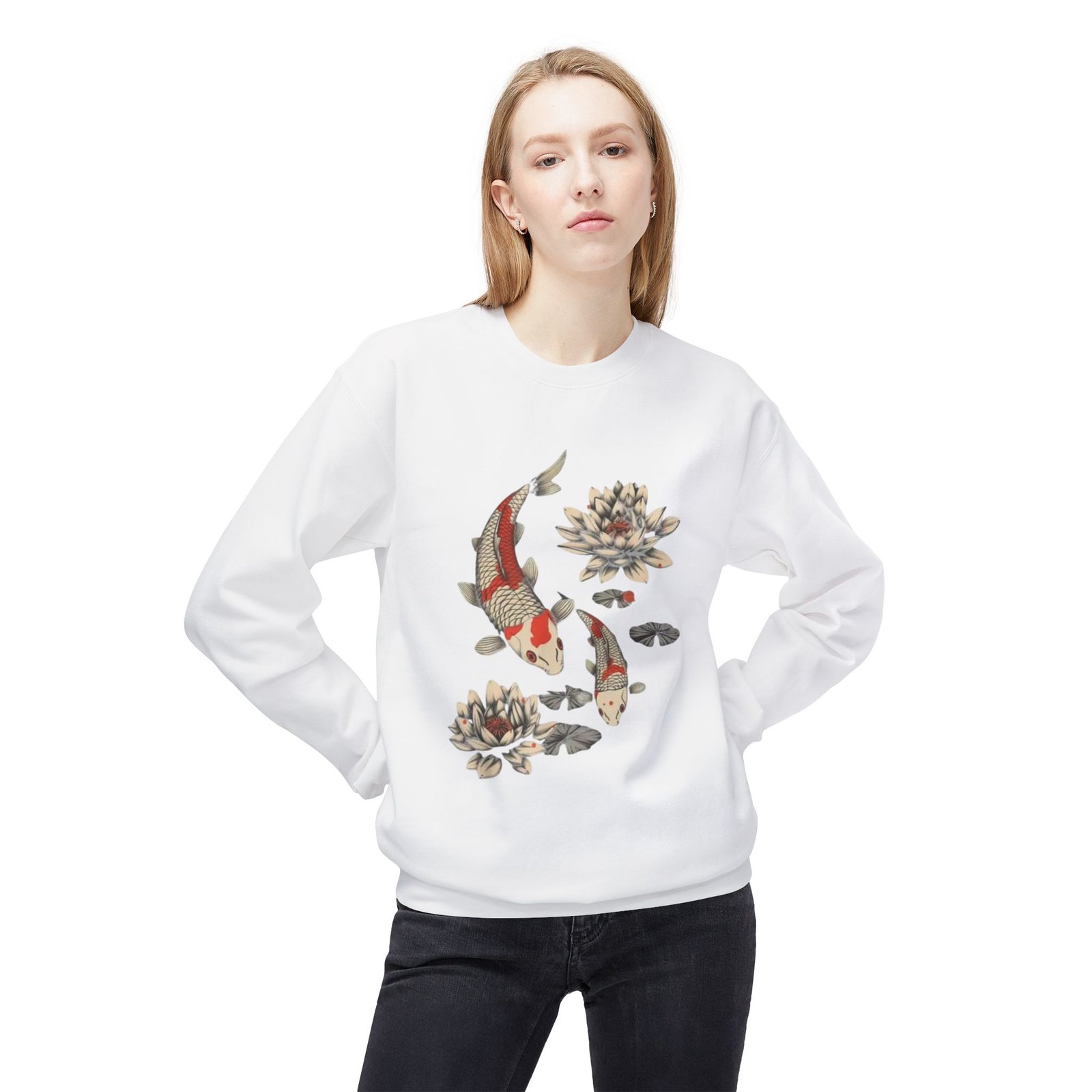 Koi Fish Lotus Crewneck Sweatshirt | Japanese Carp Floral Design - Image 7
