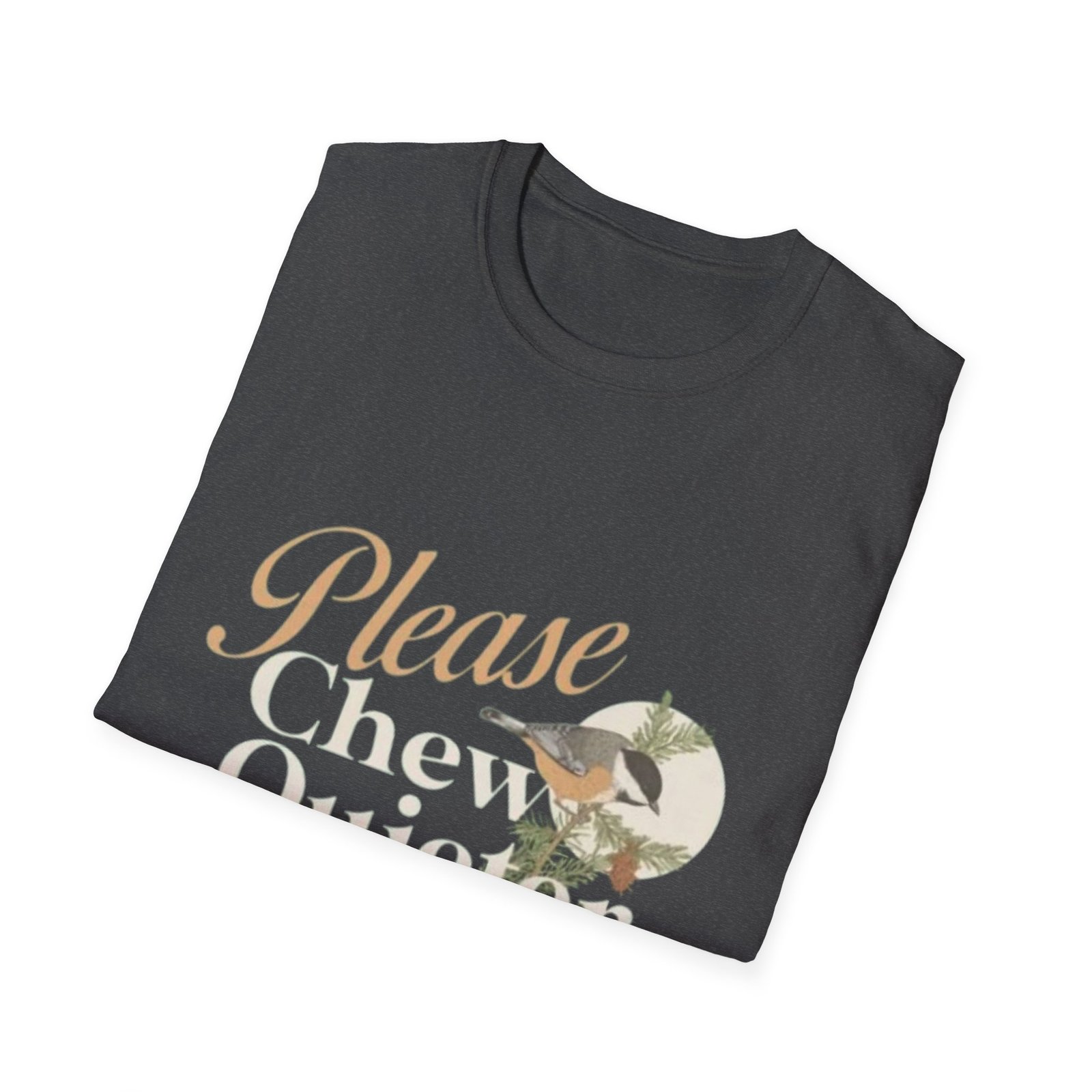 Please Chew Quieter T-Shirt | Pinecones, Moonlit Bird Graphic - Image 12