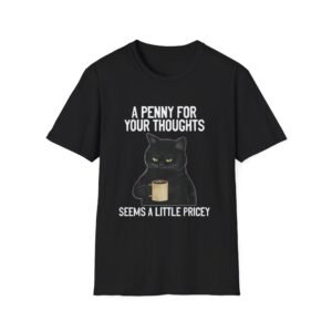 Grumpy Black Cat Holding Coffee T-Shirt | Cat Mug Illustration