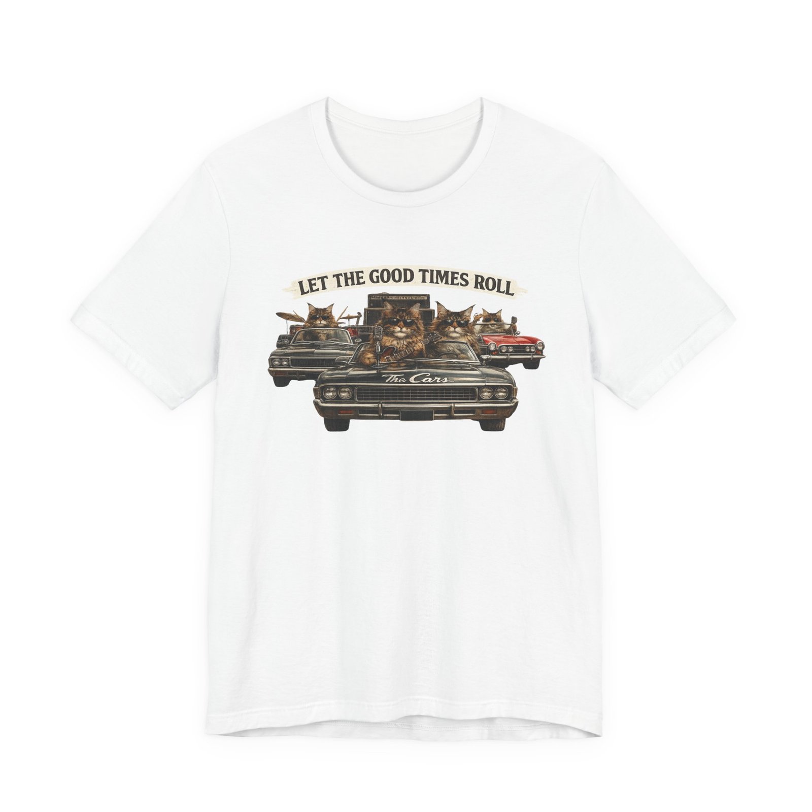 Let The Good Times Roll cats in classic car Tee | Vintage cat artwork - Image 5