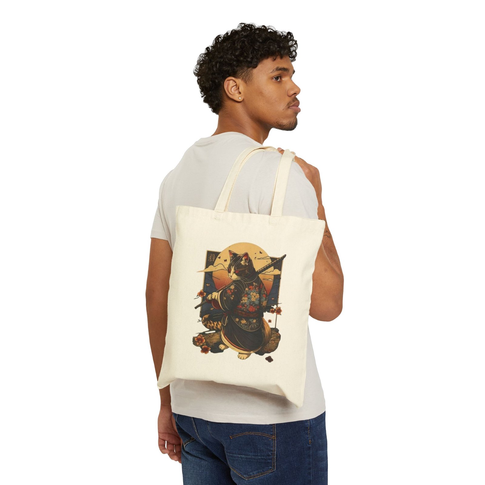 Samurai Cat Illustration Tote Bag | Vintage Sunset, Asian Motif - Image 7