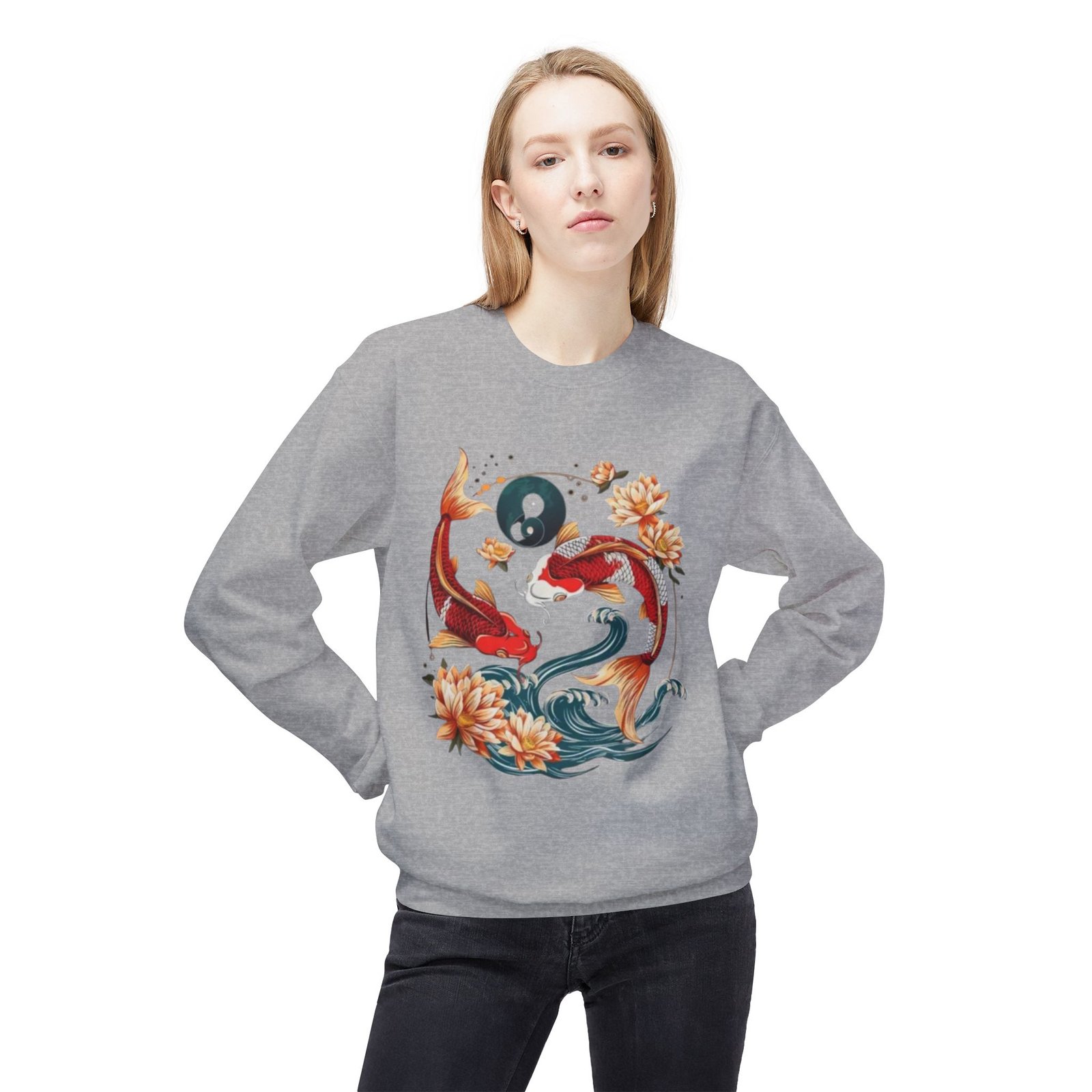 Koi Fish Yin Yang Crewneck Sweatshirt | Floral Watercolor - Image 11